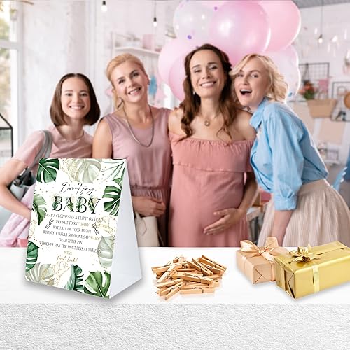Miniatura 7 de Don't Say Baby Game For Baby Shower Clothespin Game, un letrero de papel recubierto de 5 x 7 pulgadas y 50 pinzas naturales para la ropa, tema