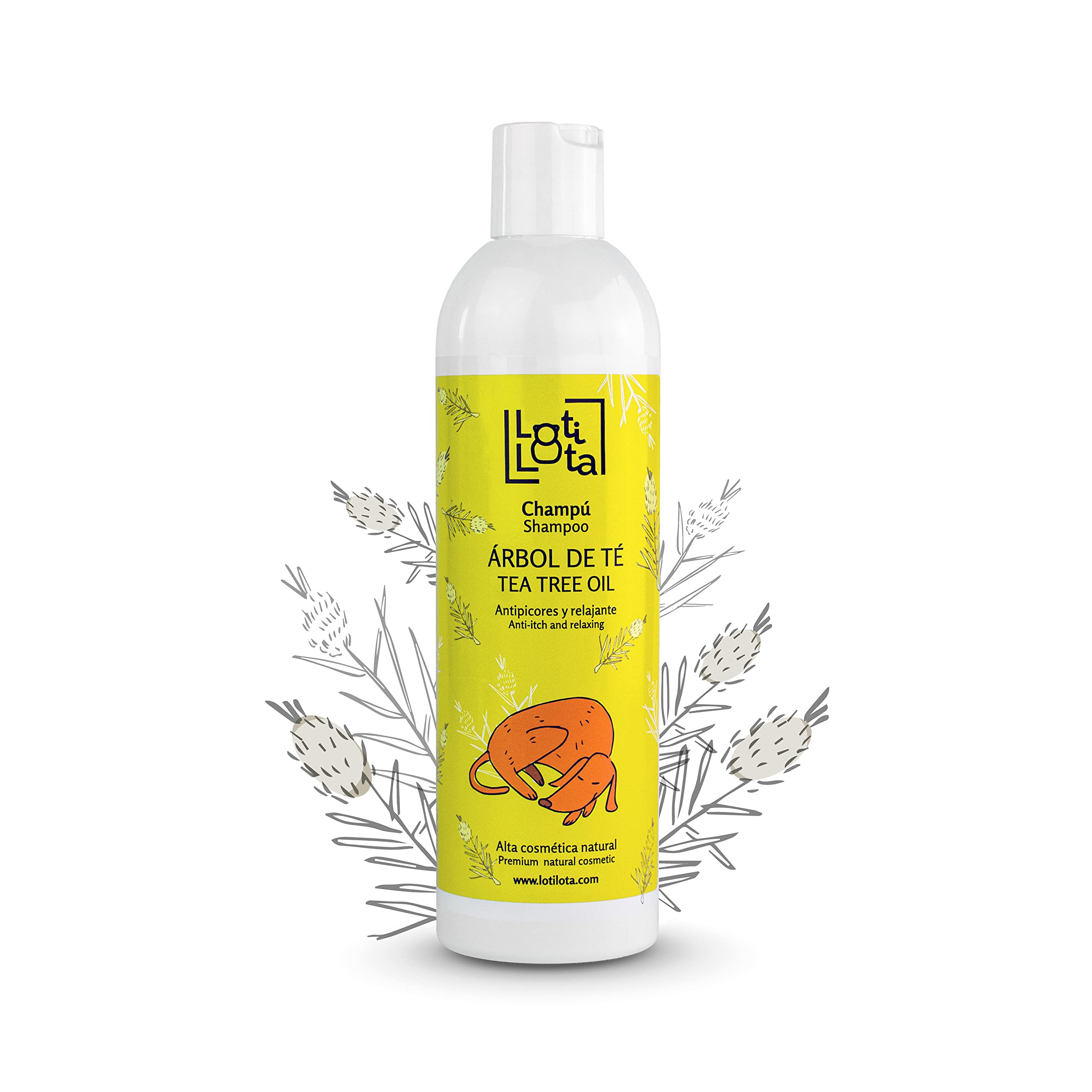LOTI LOTA Champú Perros de Álbol de Té 500 ml - Calma la Piel del Animal - Alivia los picores de Forma Natural - pH Adaptado - Apto Uso frecuente, Todas Las Razas y tamaños