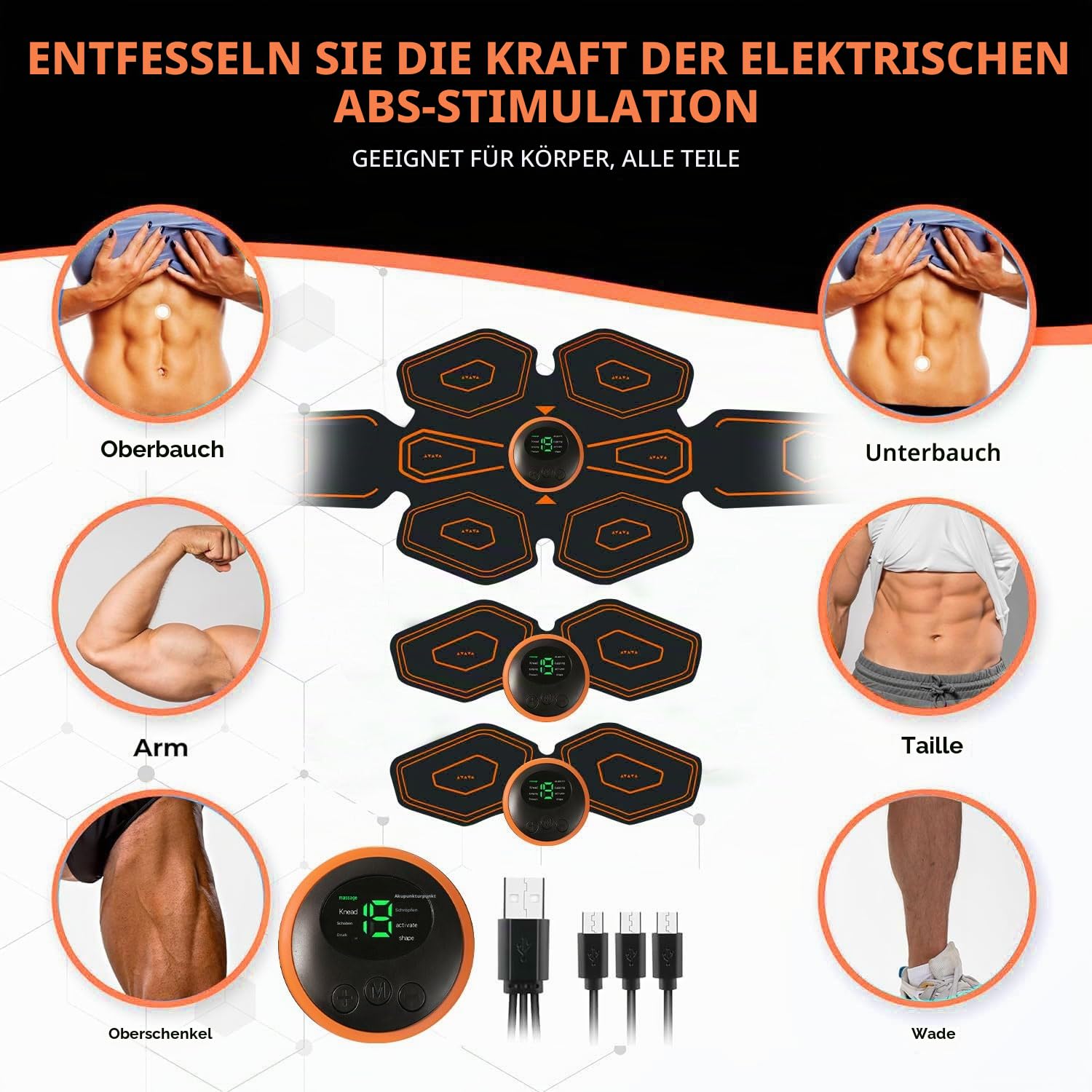 AILEDA ABS Trainer Muskelstimulator, USB wiederaufladbarer EMS-Muskelstimulator mit 8 Modi und 19 Intensitätsstufen, ABS Stimulator Muskeltoner Tragbarer Bauchstraffer