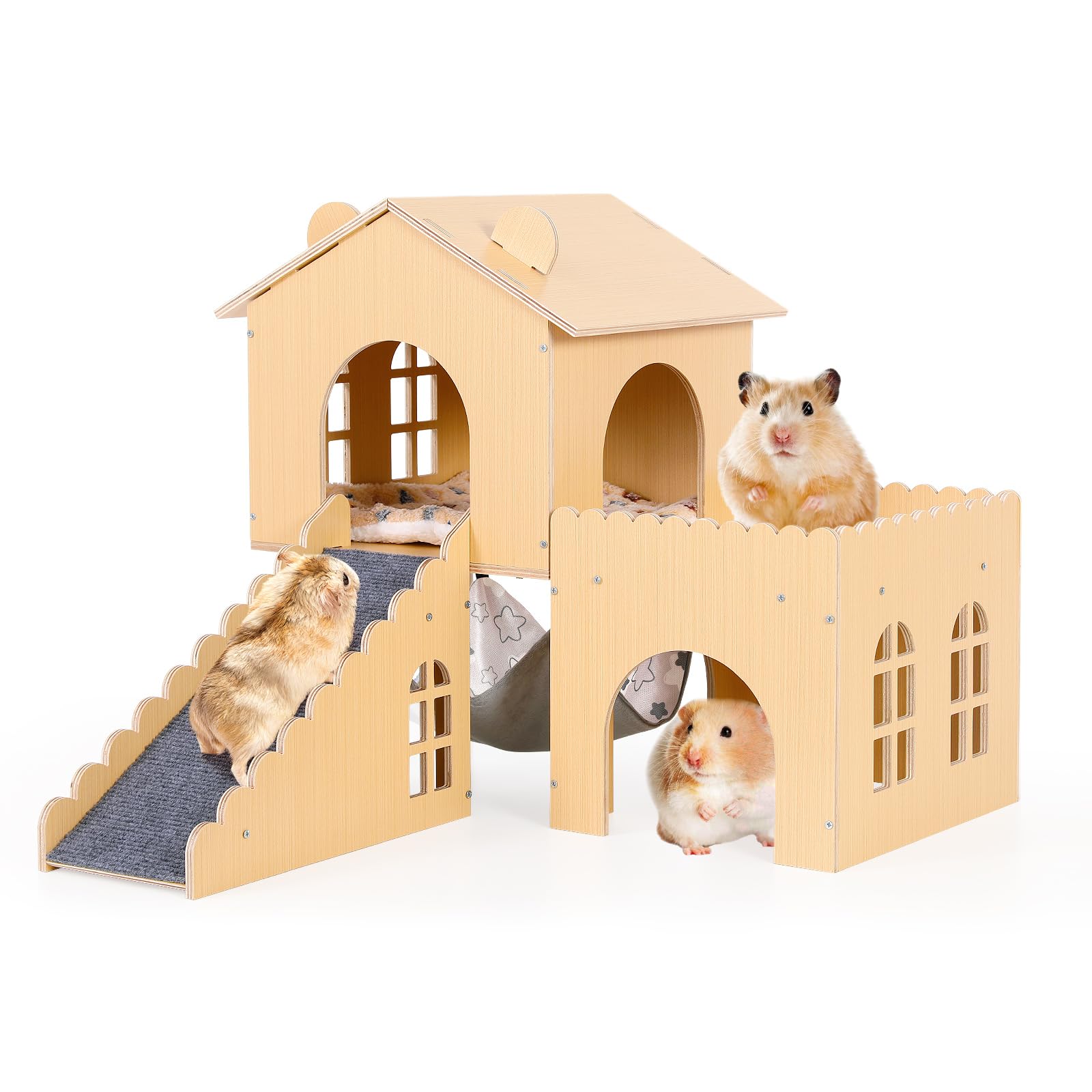 Casetta per porcellini d'India con amaca e rampa – Casetta in legno per piccoli animali per criceti, conigli, cincillà, facile da montare