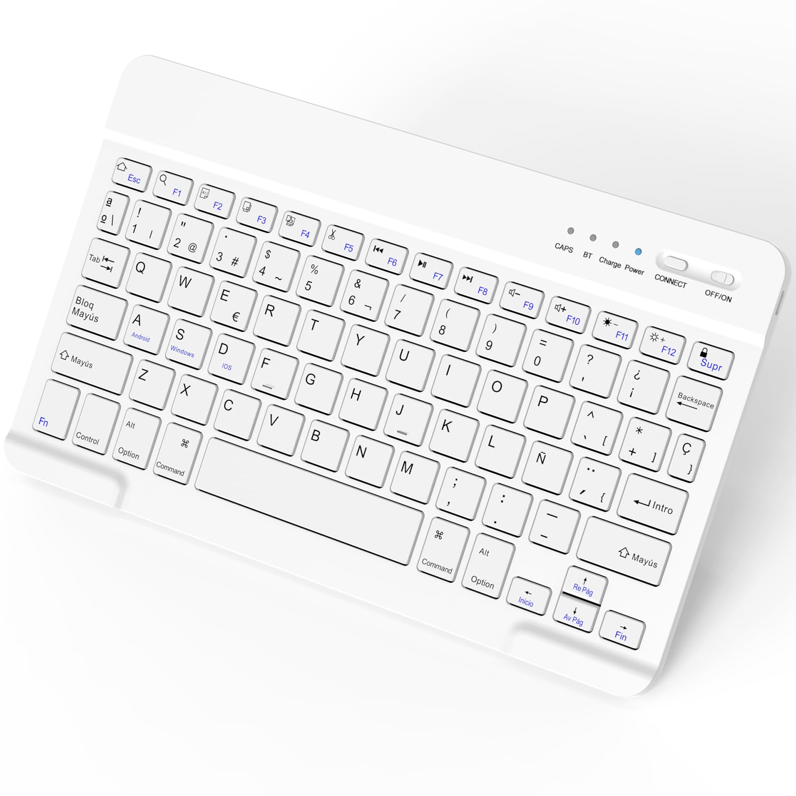 Teclado Bluetooth Español, Teclado Recargable USB-C, Diseño QWERTY Español Ñ Teclado inalámbrico Bluetooth para iPhone de iOS, iPad, iPhone, Samsung, Lenovo, Huawei, Android, Windows, Blanco