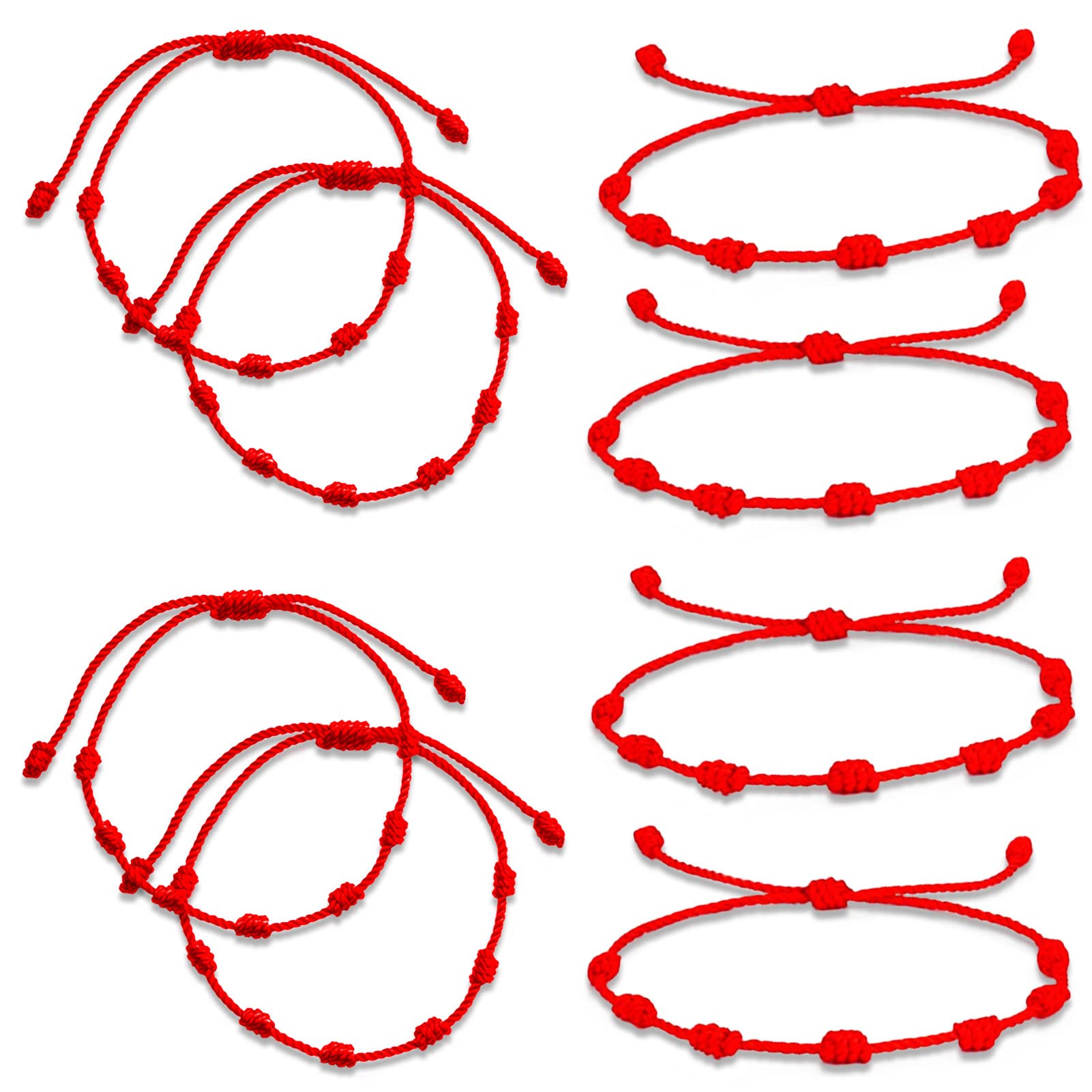 4Pcs Bracciale 7 Nodi e bracciale filo rosso del Destino - Bracciale Kabbalah di corda per Sorte, Amicità e Amuleto - Regolabile - Protezione di Male di Occhio, per Coppia Amore Uomo e Donna