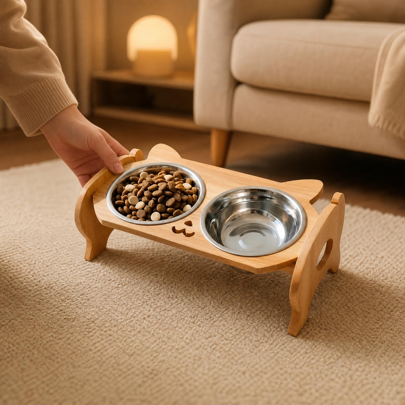 para Comederos Mascotas Fácil Limpiar Comedero Madera con Dos Recipiens Acero Inoxidable Estable para Casa