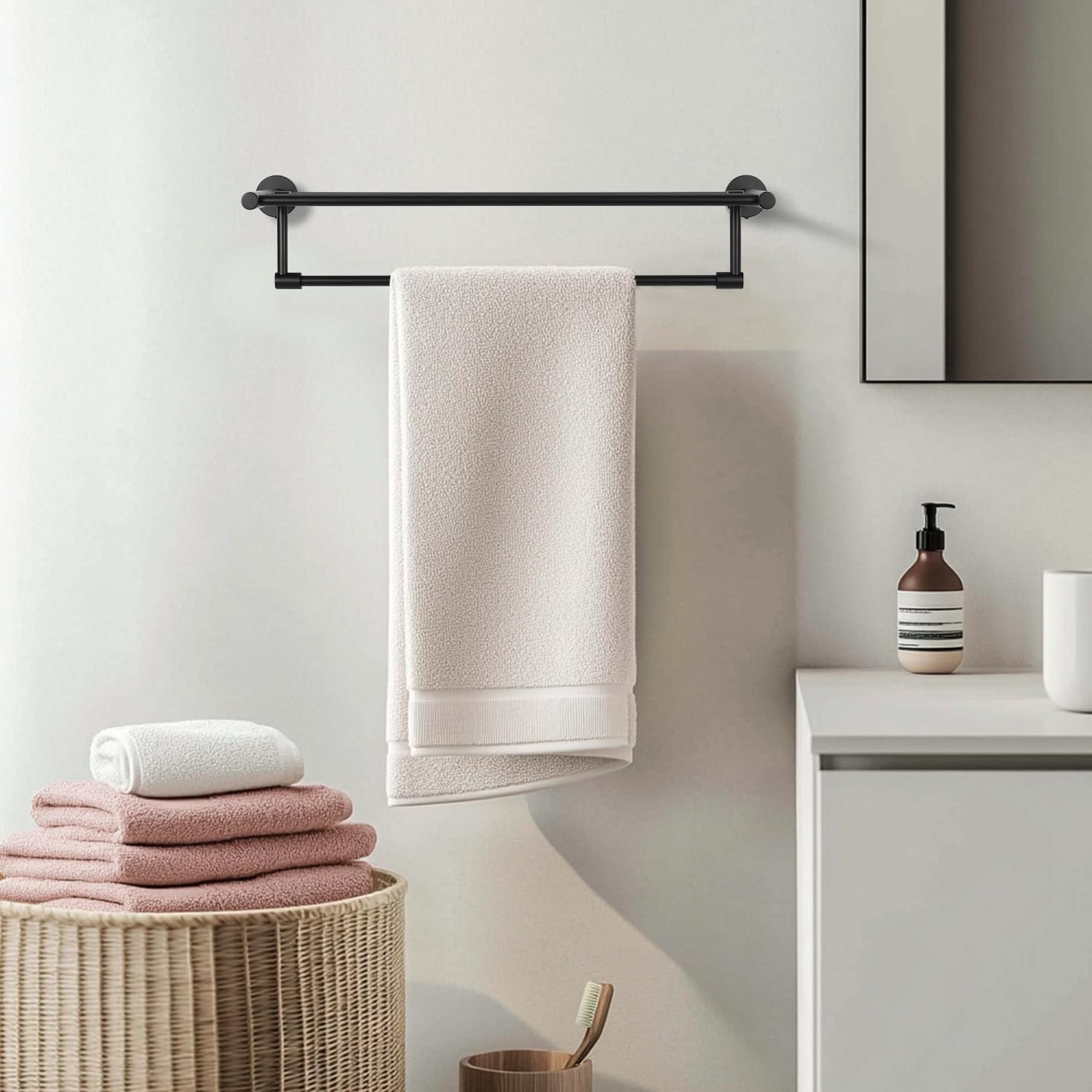 SEIDO 6-Piece Bathroom Accessories Set - Matte Black SUS 304 Stainless Steel Kit - 24 Inch Foldable Double Towel Rack for Bathroom, 4 Robe Hooks, Toilet Paper Holder for Lavatory, Kitchen, Laundry