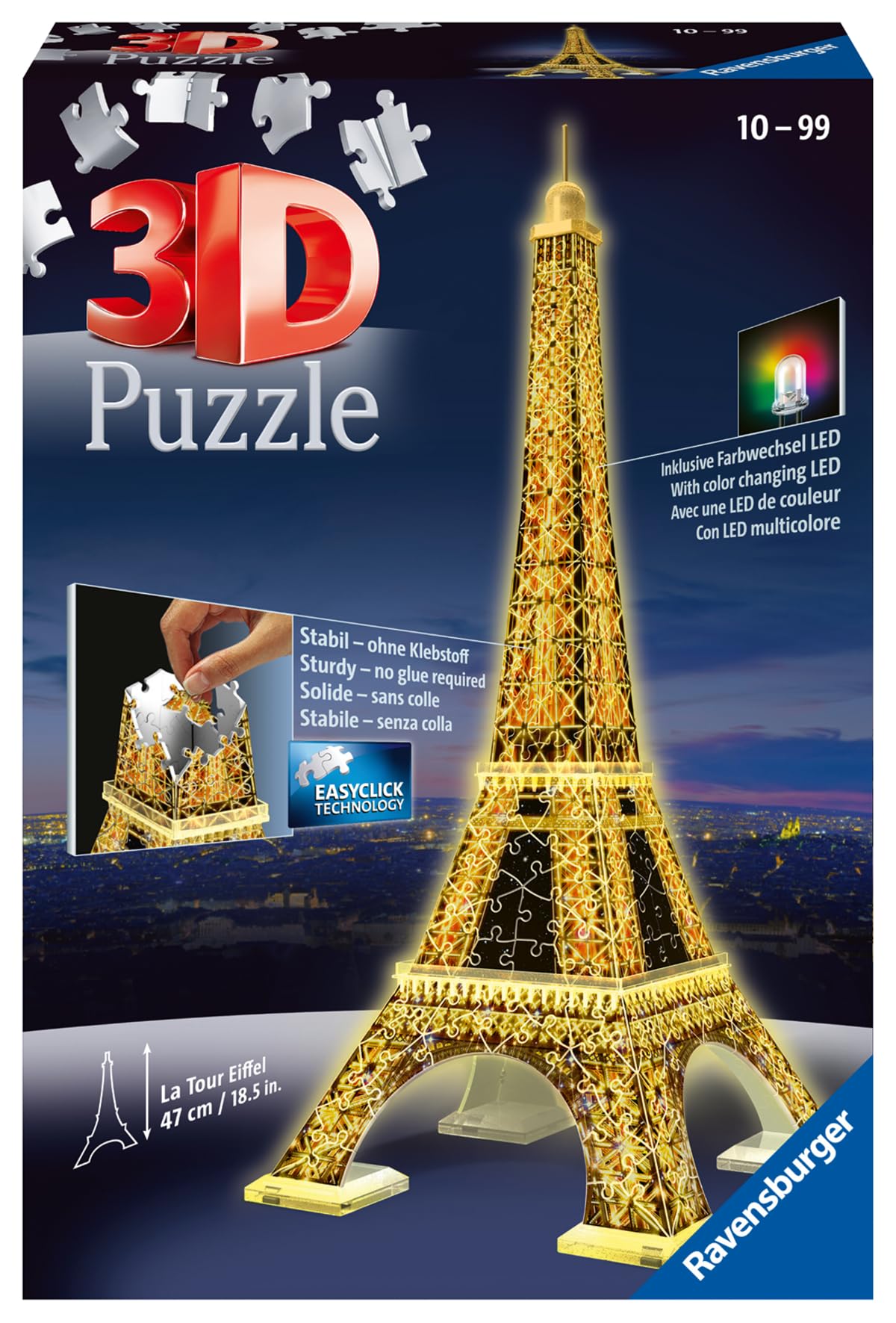Ravensburger - Puzzle 3D: Puzzle 3D Torre Eiffel Paris con Luz, Puzzles para Adultos y Niños +10 Años, Maquetas para Montar, Rompecabezas 3D, 226 Piezas, Construcciones para Niños, Regalos para Niños