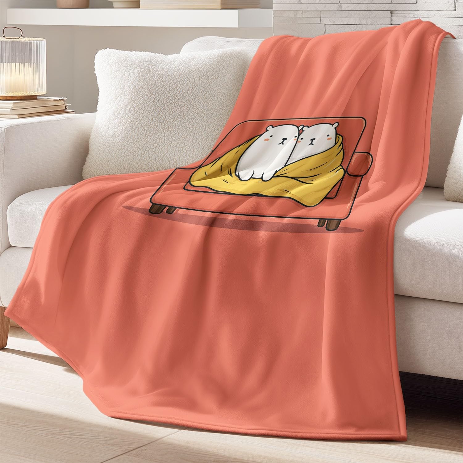 Générique Koc flanelowy w kratę na 130 x 150 cm, miękka mikrofibra, wygodna narzuta na łóżko, lekki, oddychający, dla dziewczynki, urocza kapibara na sofę