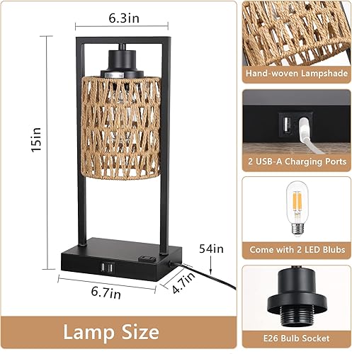 Miniatura 5 de Juego de 2 lámparas de mesa de ratán estilo granja, con control táctil, estilo bohemio, con 2 puertos USB y salida de CA, lámpara de escritorio