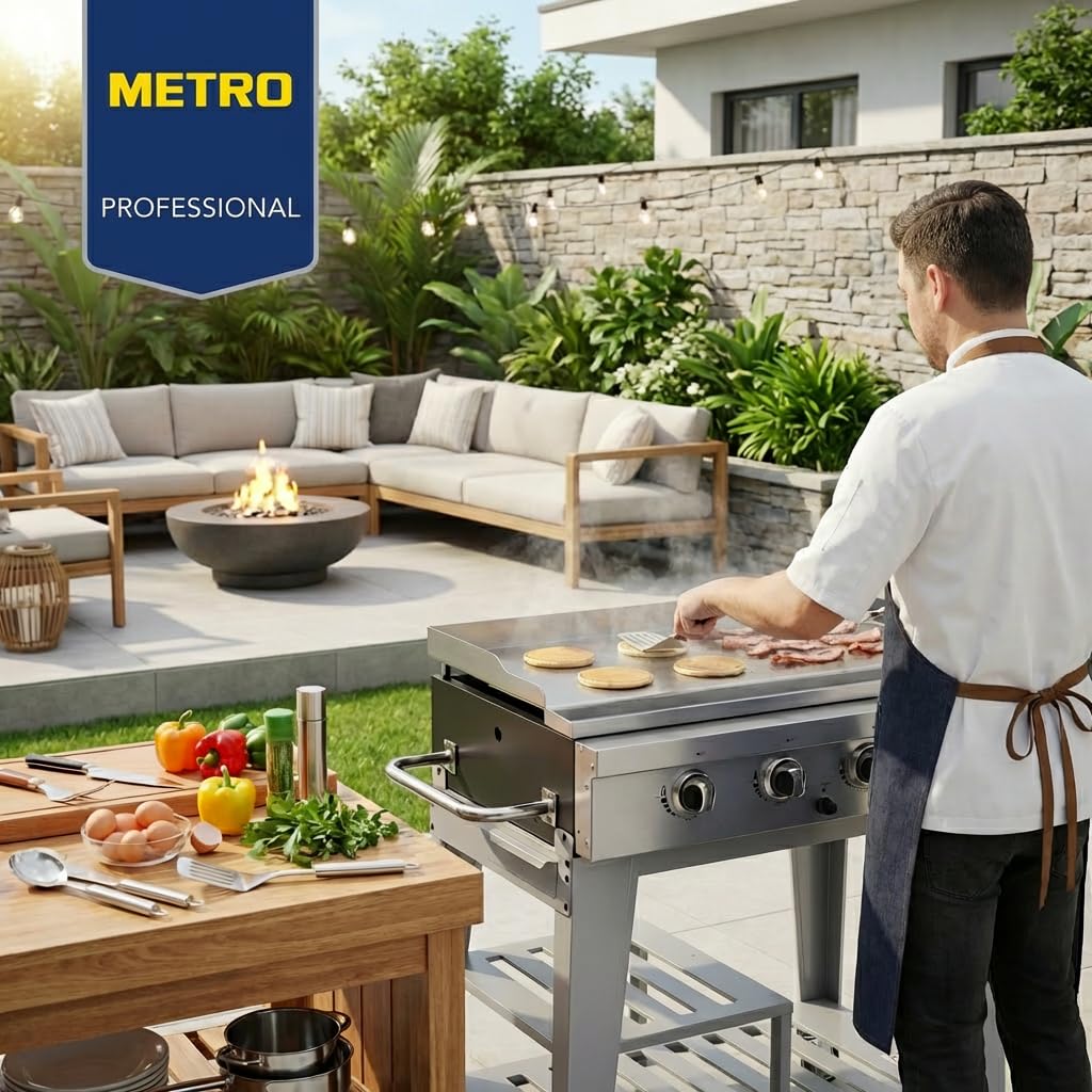 METRO PROFESSIONAL Barbecue a Gas con 4 Bruciatori e Piastra, 85x50 cm, Acciaio Inox, con Ruote e Telo di Copertura, Argento, 14.8 kW