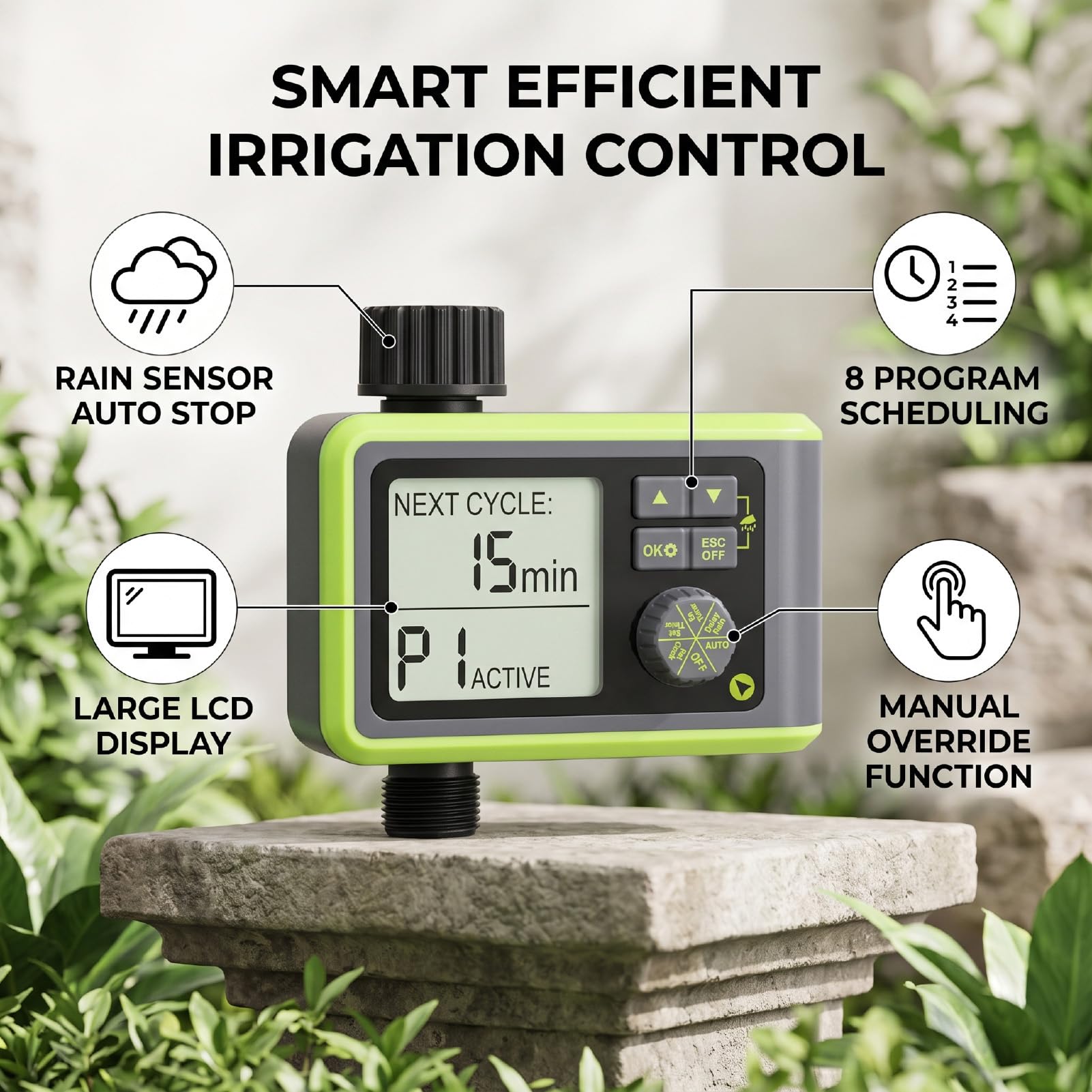 BRRNOO Programmatore di Irrigazione per Giardino con Sensore Pioggia, 8 | Controller a Canale Singolo con Override Manuale, Spegnimento Automatico per Irrigazione a Goccia, Portata 500-1700 L/h, in