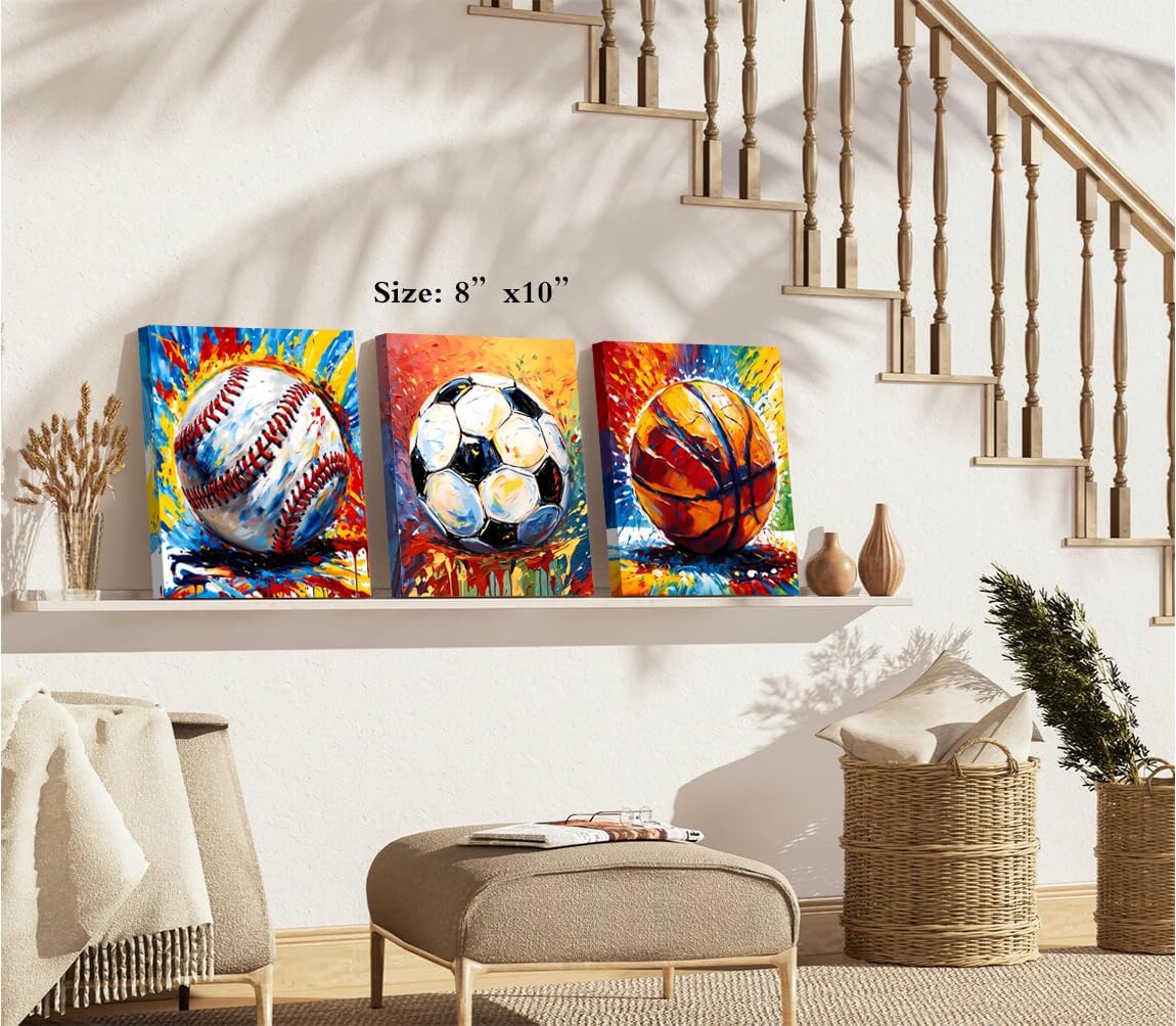 3pcs Basketball Graffiti Canvas Wall Art,Framed Retro Colorful Graffiti Baseball,Soccer,Basketball Print,Colorful Wall Art Sports Print Wall Decor for Boy Teen Girl Room Cave(8"x10")