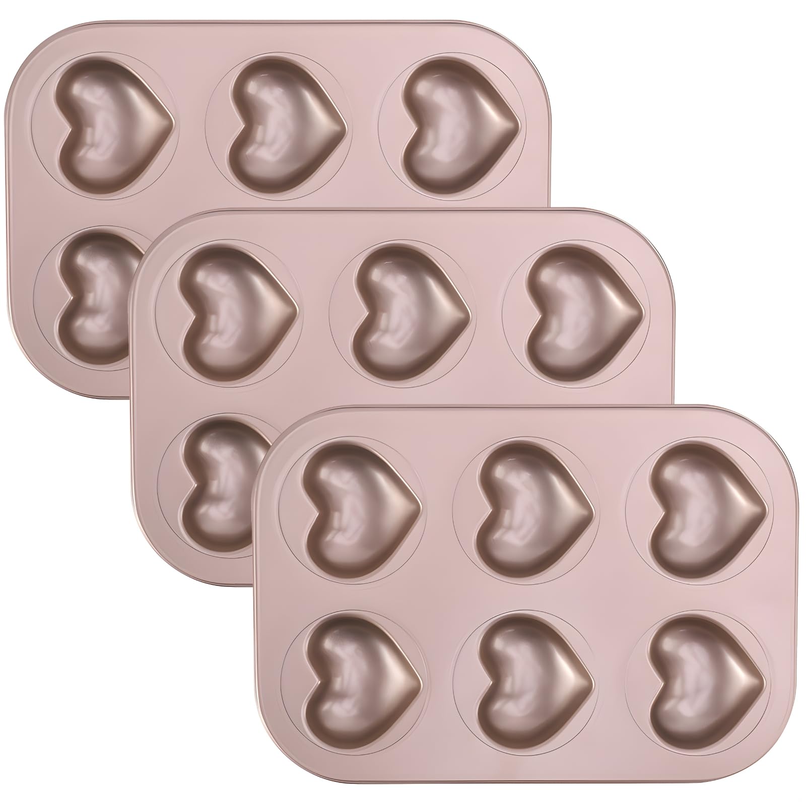 Lot de 3 moules à gâteau en forme de cœur antiadhésifs or rose 10,4 x 18,5 cm, moules en acier au carbone pour muffins, gâteaux et friandises