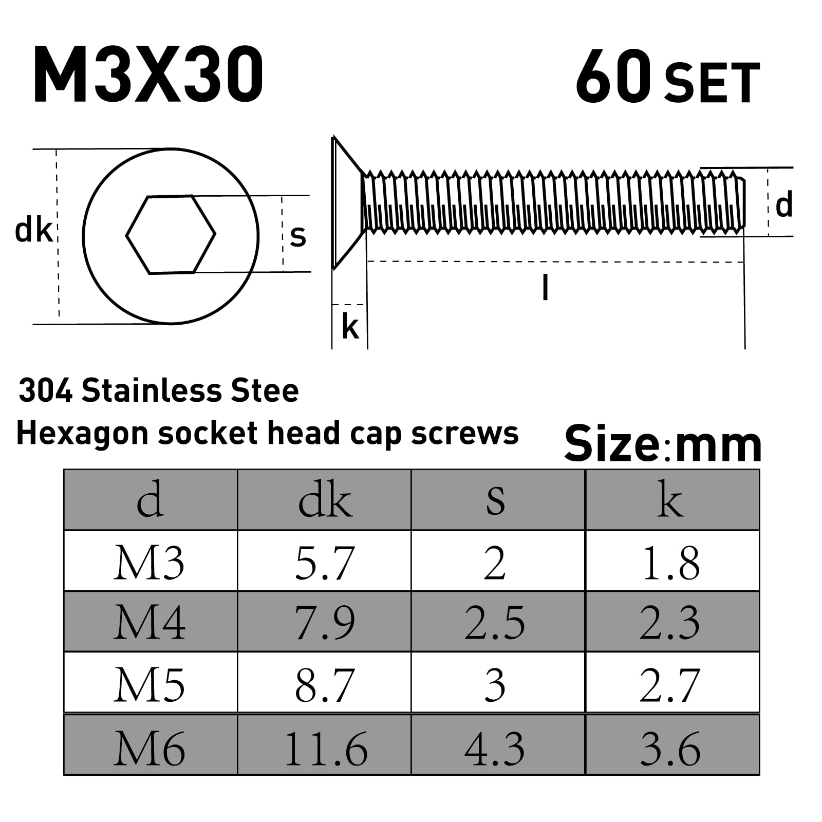 Set di 60 viti M3 x 30 mm, viti a testa svasata e dadi, set di viti in acciaio inox, viti a testa piatta, viti per macchina con guarnizione piatta e dado