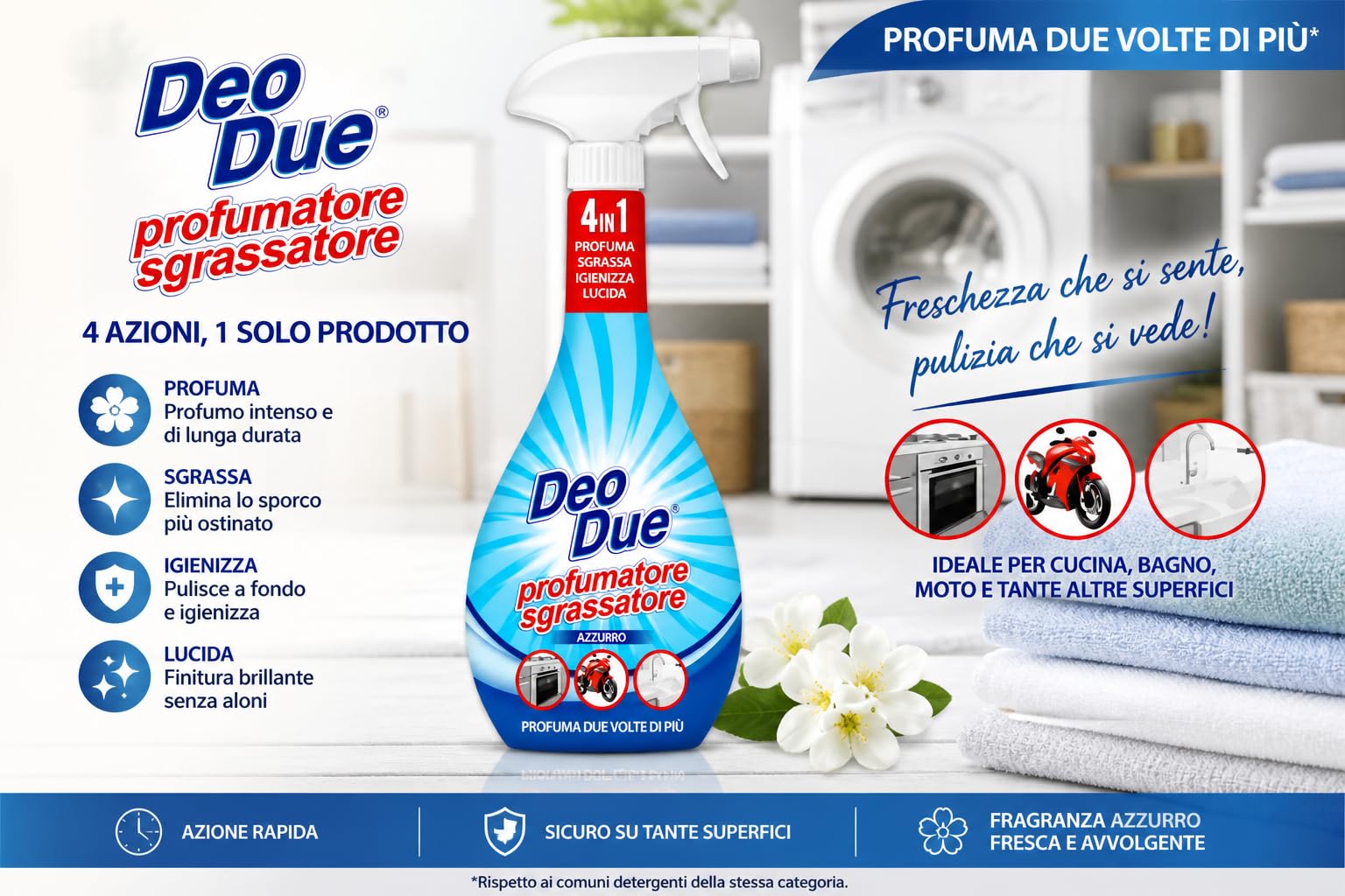 Profumatore Sgrassatore Spray 4 in 1 Azzurro - 6 Unita da 600ml – Profuma, Sgrassa, Igienizza e Lucida, Detergente Multiuso per Cucina, Bagno e Superfici, Profumo Intenso e Duraturo