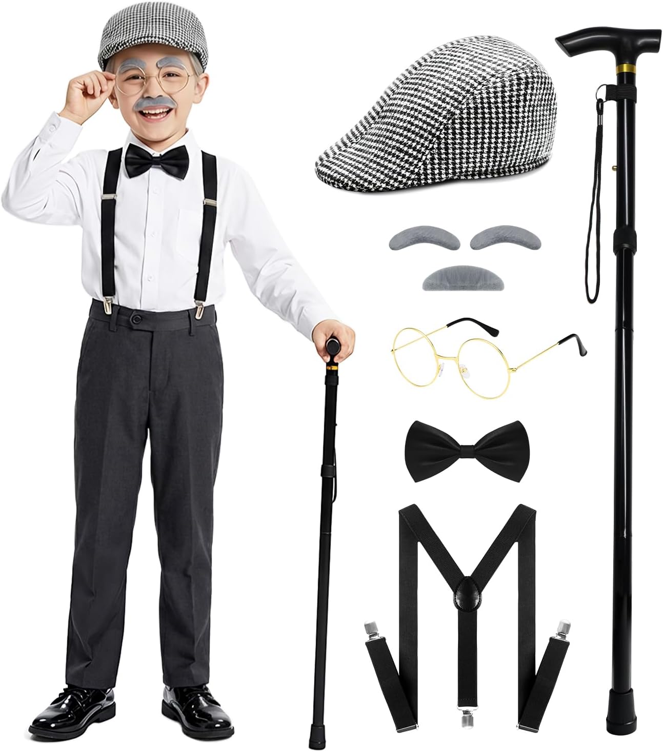 Old Man Costume for Kids–100 Days of School Costume with Hat,Glasses,Suspenders & Cane