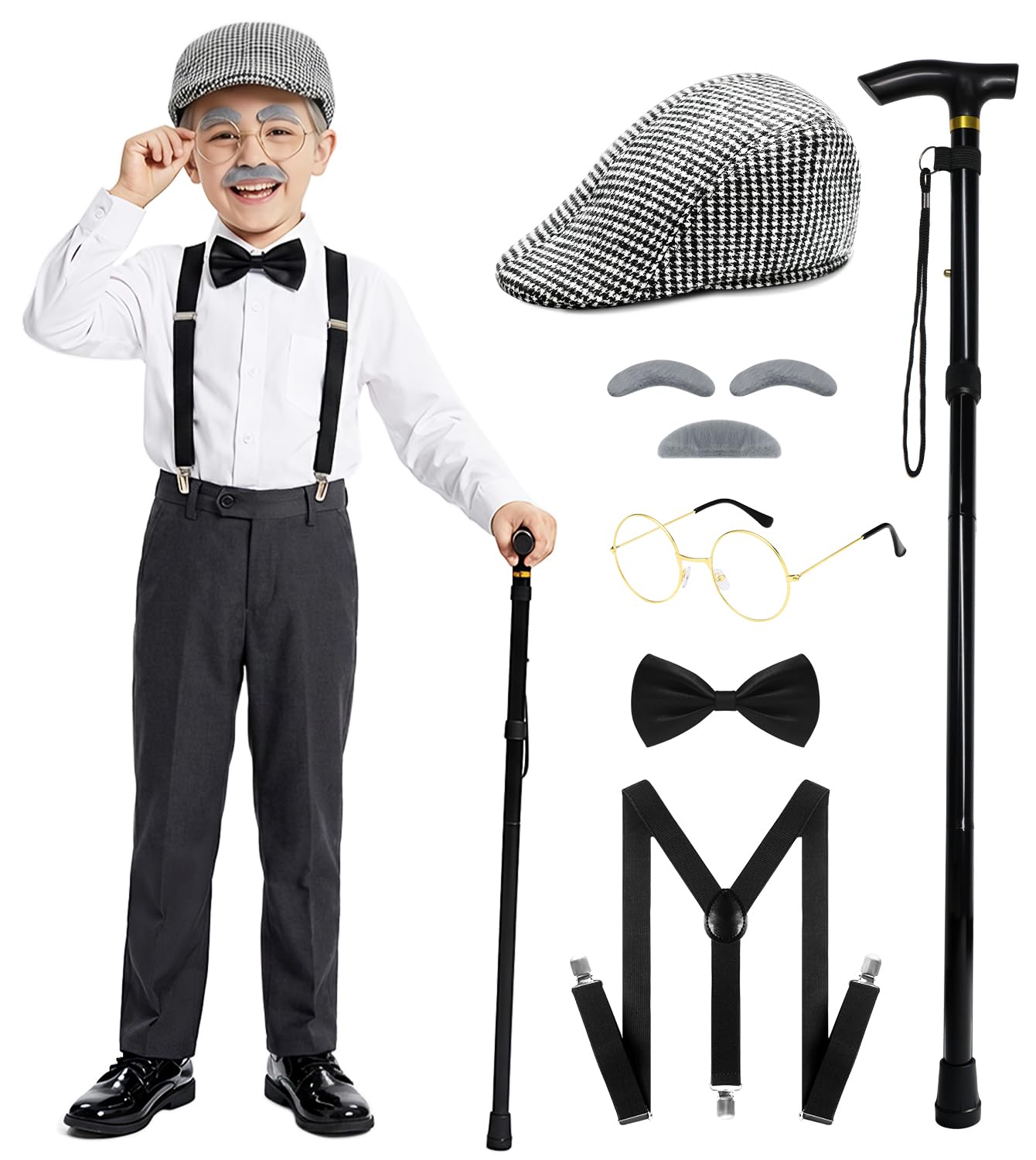 Old Man Costume for Kids 100 Days of School Costume with Hat Glasses Suspenders Cane