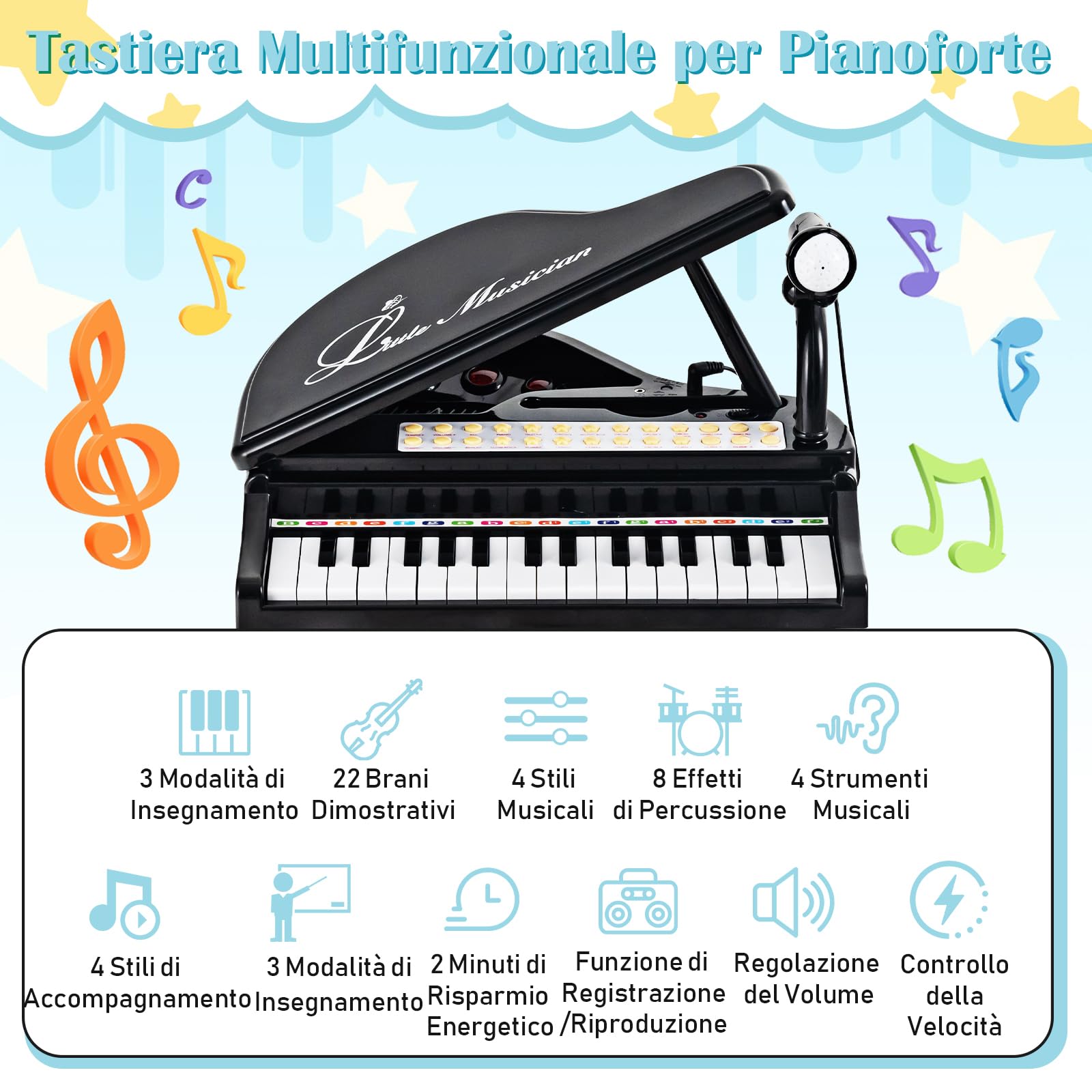 RELAX4LIFE Pianoforte per Bambini con 31 Tasti e Sgabello, Tastiera Pianoforte Elettronico con Microfono Regolabile, Giocattolo Musicale Regalo per Bambini 3+ Anni (Nero)