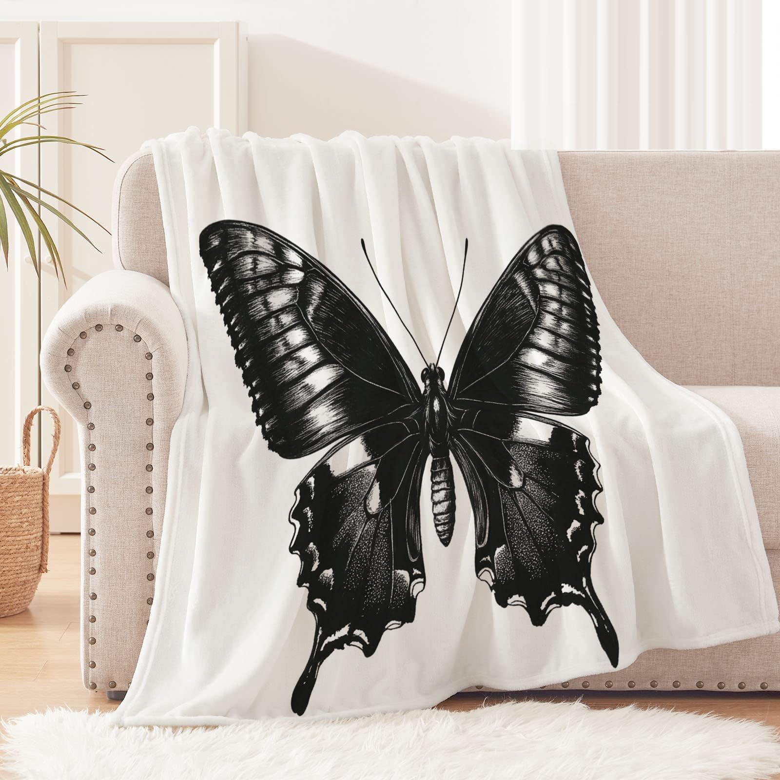 Genérico Czarny motyl kreskówkowy miękki koc flanelowy 3D - narzuta na sofę/łóżko 270 x 230 cm, ultra arealistyczny nadruk 3D zwierzęcy, ciepły polar, zmywalny, dom/sypialnia