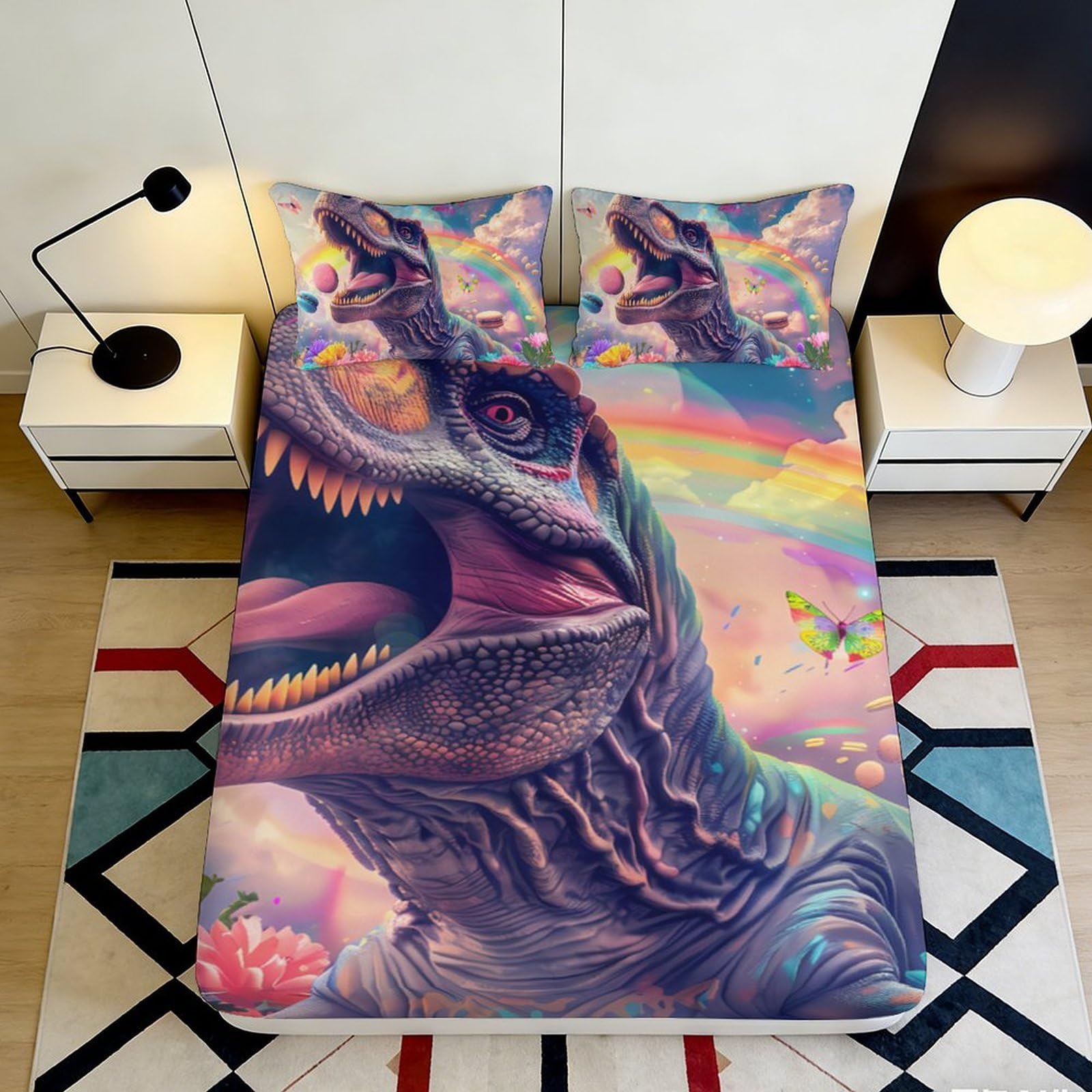 3D Printed Colorful Dinosaur Fitted Sheet Microfiber Soft Vibrant Rainbow Jurassic Mattress Cover for Bedroom Home Decor 90x200x25cm