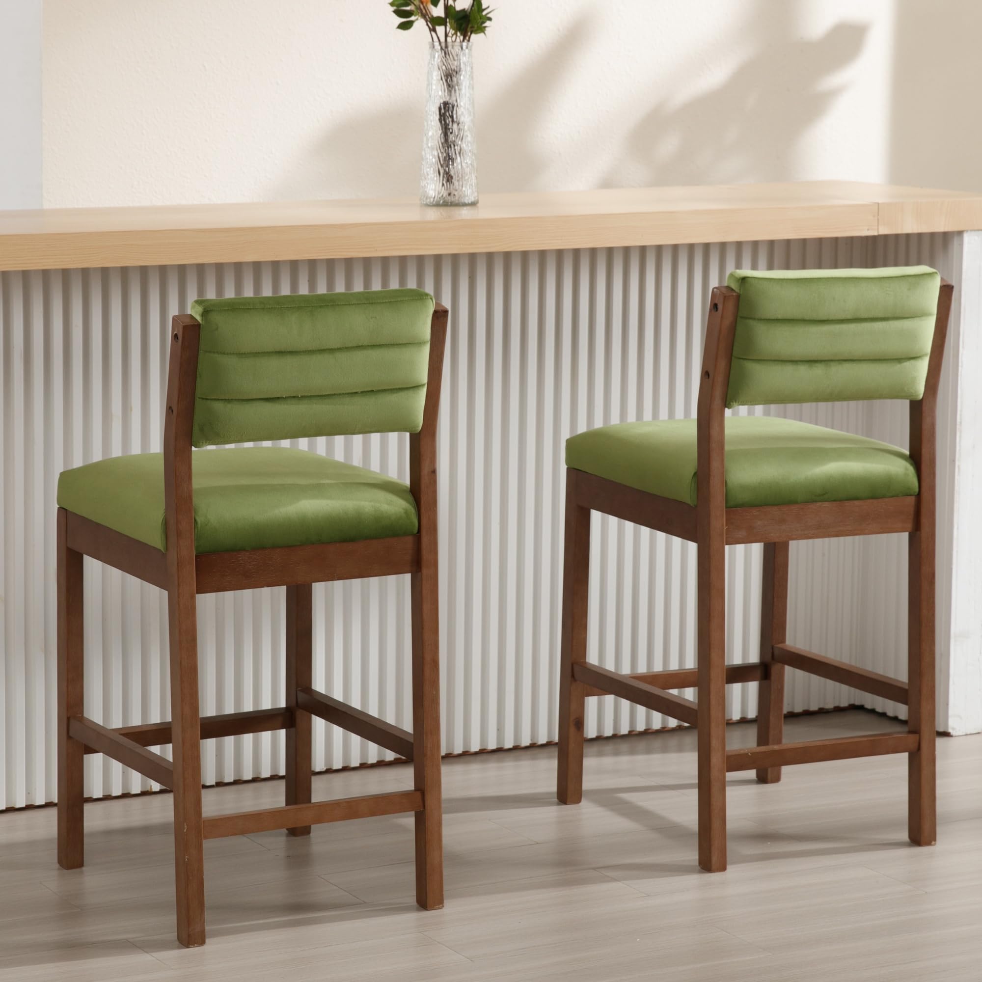 BESTANO 26” Counter Height Bar Stools Set of 2 Velvet Upholstered Kitchen Island Stools with Back Mid Century Rectangle Wood Barstools Countertop Bar Chairs, Green