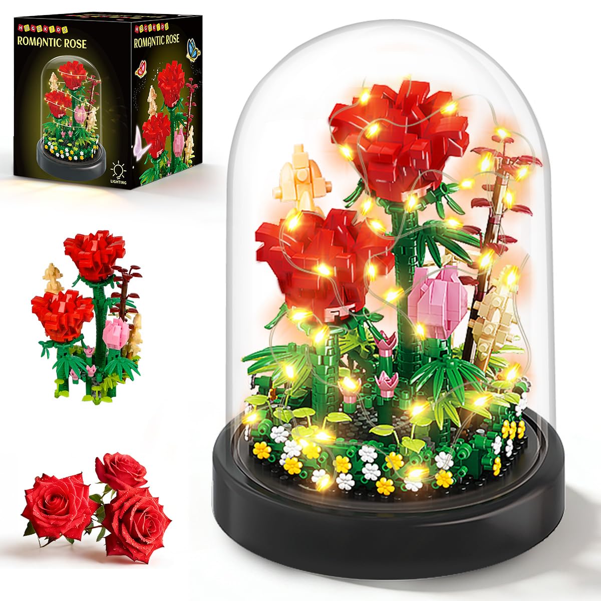 HOGOKIDS Flower Building Set with LED Light & Cover - 596 PCS Red Rose Bouquet Kits Botanical Building Blocks Mother's Day Birthday Gifts Mini Bricks for Mom Wife Girlfriend Adults Home Decor Display