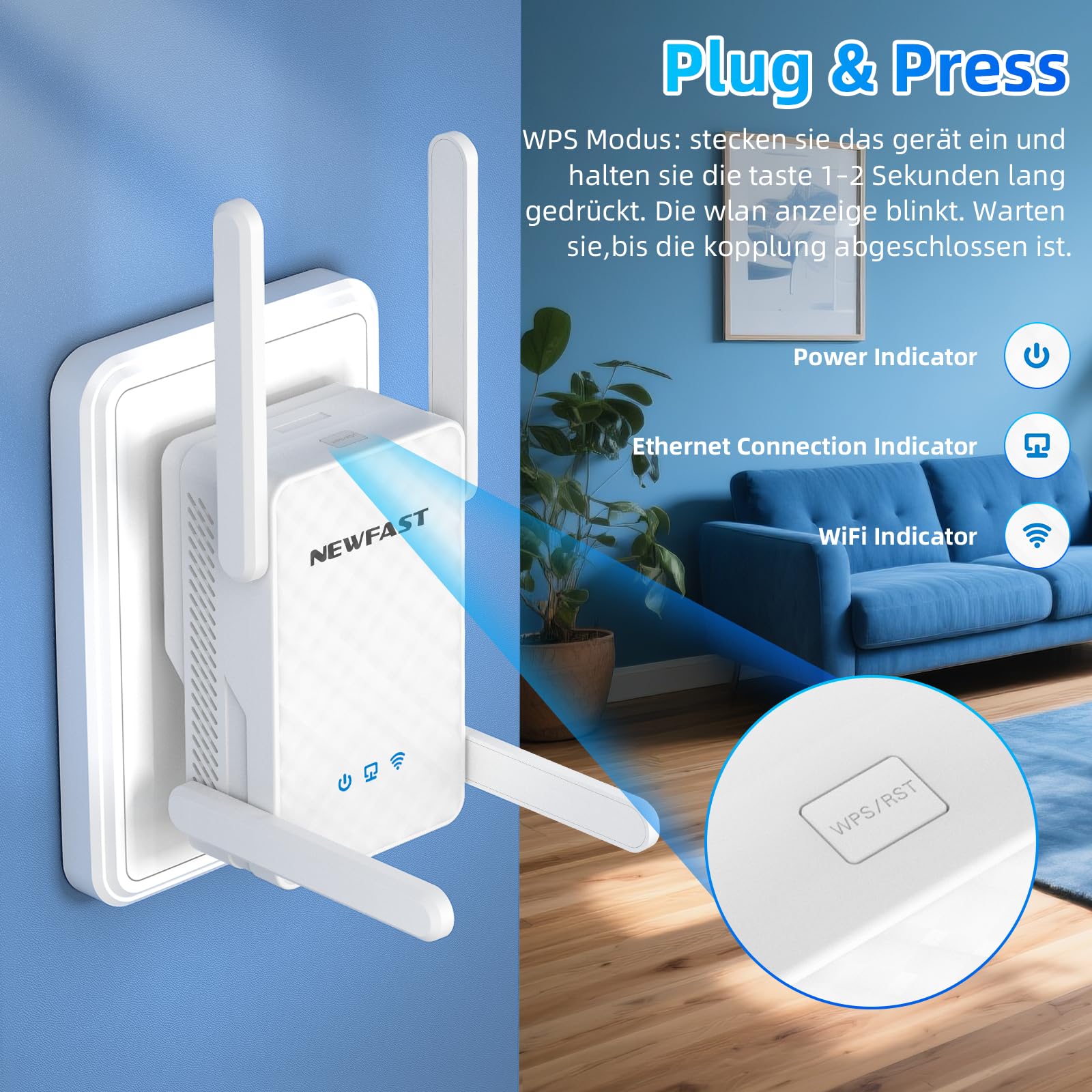 NEWFAST 2026 Neuestes WiFi 6 Extender,3000Mbit/s Dualband WLAN Verstärker | WLAN Repeater mit 4 Schwenkbaren Antennen,WPS,MU-MIMO,Gigabit-Port,Unterstützt Repeater/Router/AP Modus,Signalstabil,Weiß