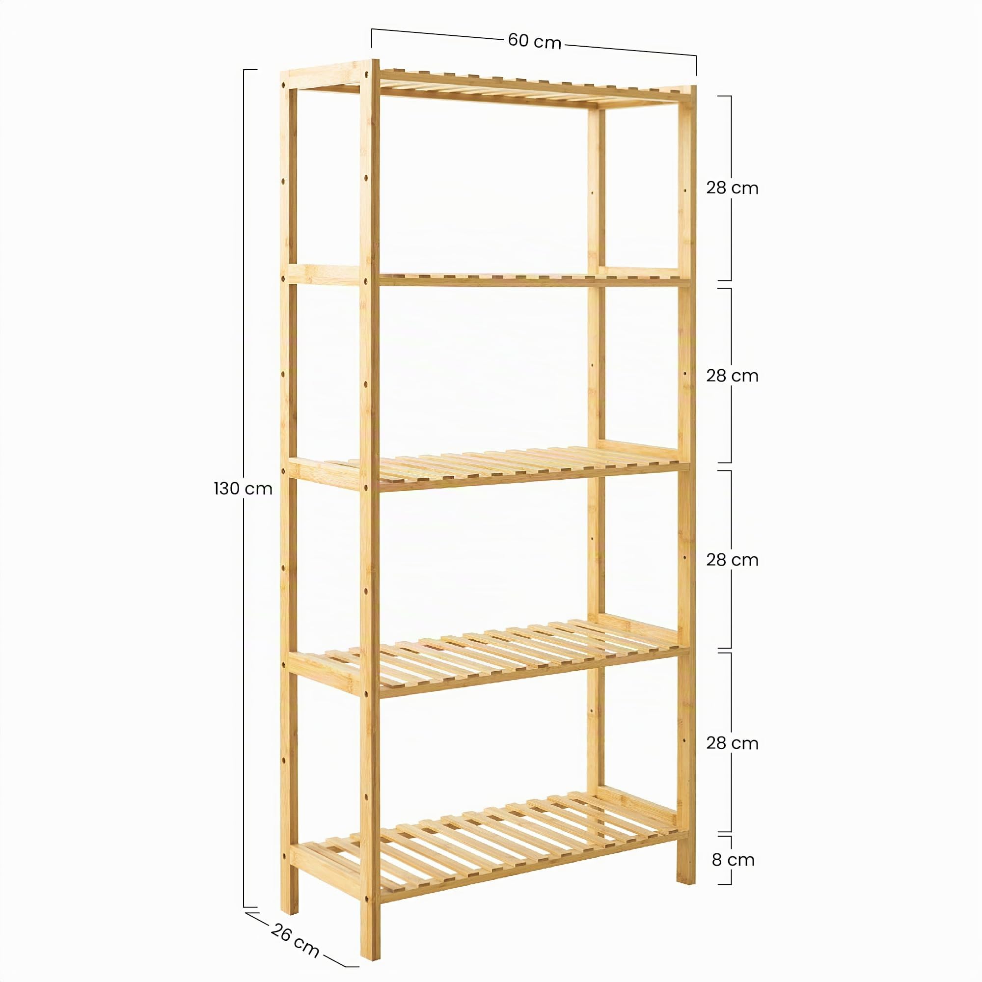 Brigros - Scaffale in Legno con Ripiani, Scaffale Salvaspazio in Bamboo con Design Moderno, Mobile Bagno in Legno di Bambu con Mensole, Mobile Cucina in bambù (Naturale, 5 Ripiani)