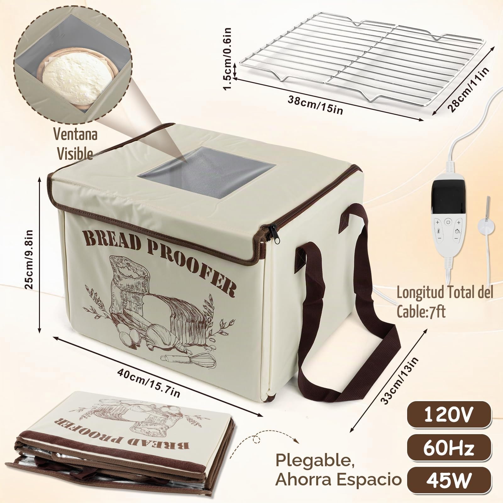 Caja de Fermentación para Pan 36L con Calefacción de 3 Lados y NTC | Caja de Fermentación Plegable, con Bandeja de Metal, Temperatura y Temporizador, para Pan, Yogur, Pizza, Enchufe UE