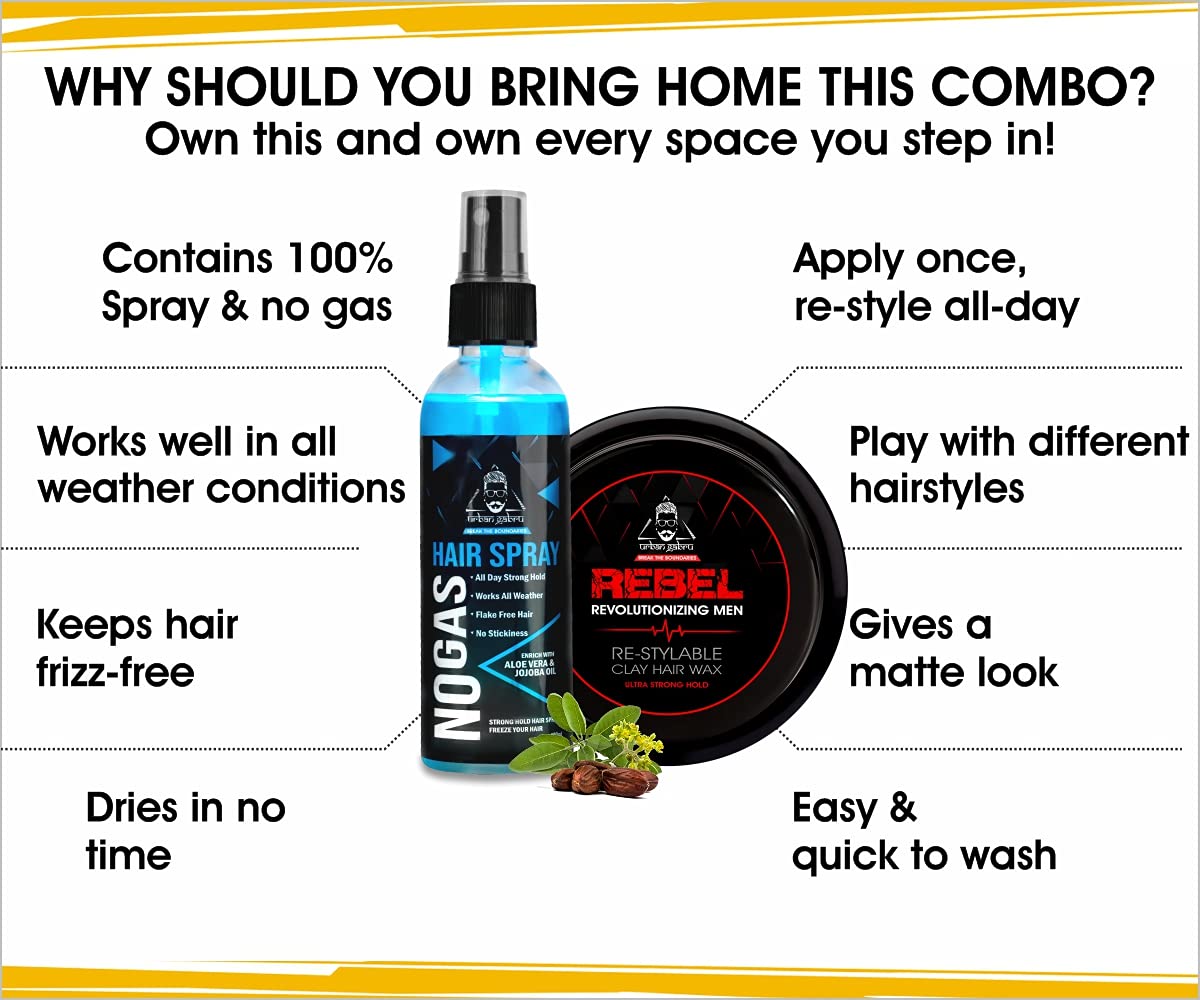 Urbangabru Combo Hair Styling Kit - Rebel Hair Styling Clay Wax (85 Gram) for 100 Times Re-Styleable and Unlimitied Strong Hold No Gas Hair Spray (100 ml) - Image 3 thumbnail