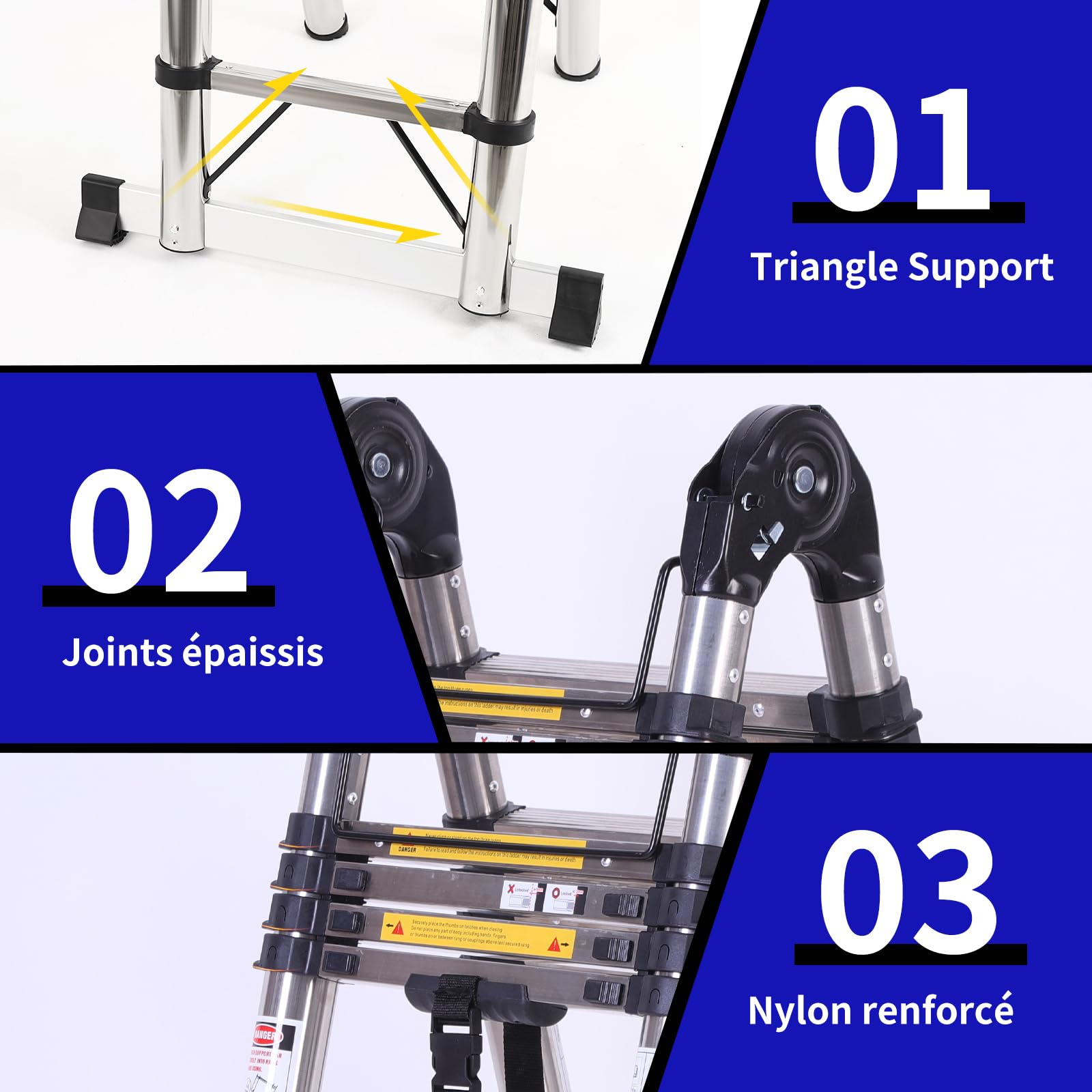 JADDUO Échelle Télescopique en Aluminium 5.6 m (2.8 m + 2.8 m) avec Stabilisateur et Roues Capacité 150 kg Idéale pour Nettoyage Gouttières et Réparations Extérieures