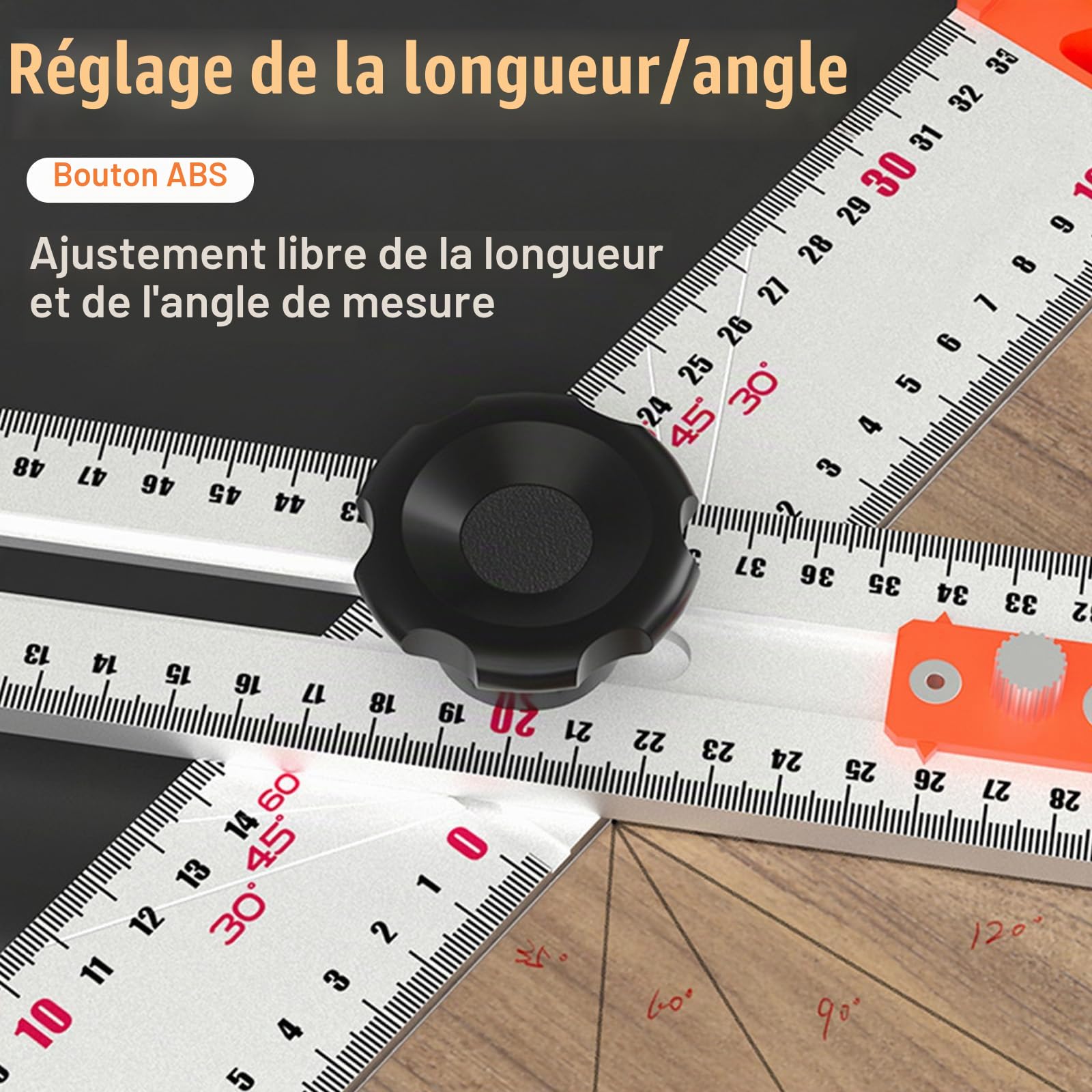 Règle Carrée en T de Positionnement de Forêt 4-en-1 avec Angle de Haute Précision de 60 cm - Angle Réglable Coulissant