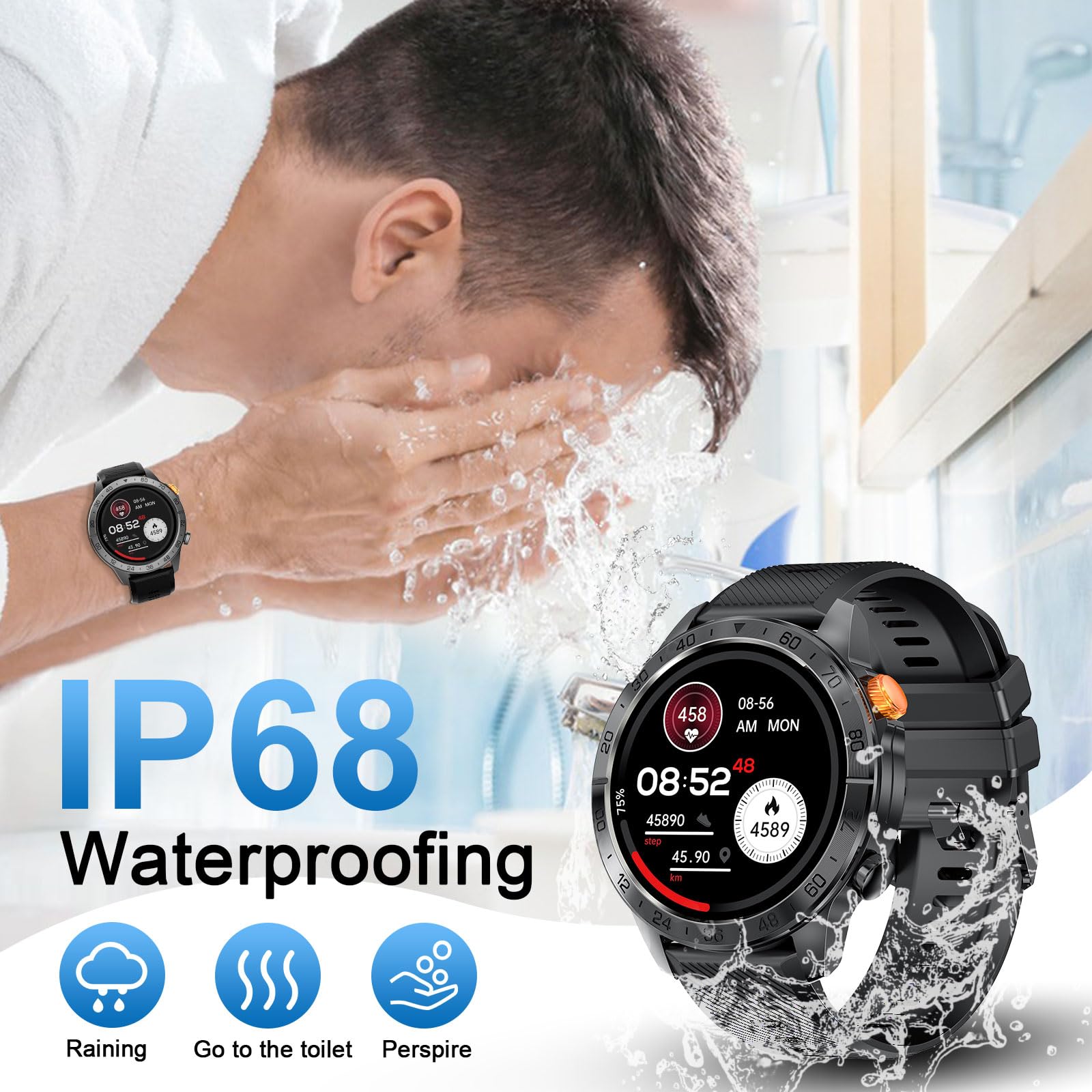 Loekneue New Smartwatch Herren mit Telefonfunktion,1,43" AMOLED Display 100+ Sportmode Armbanduhr mit IP68 Wasserdichter/Schrittzähler/SpO2 Schlafmonitor/Fitnessuhr für iOS Android (schwarzer Stahl)