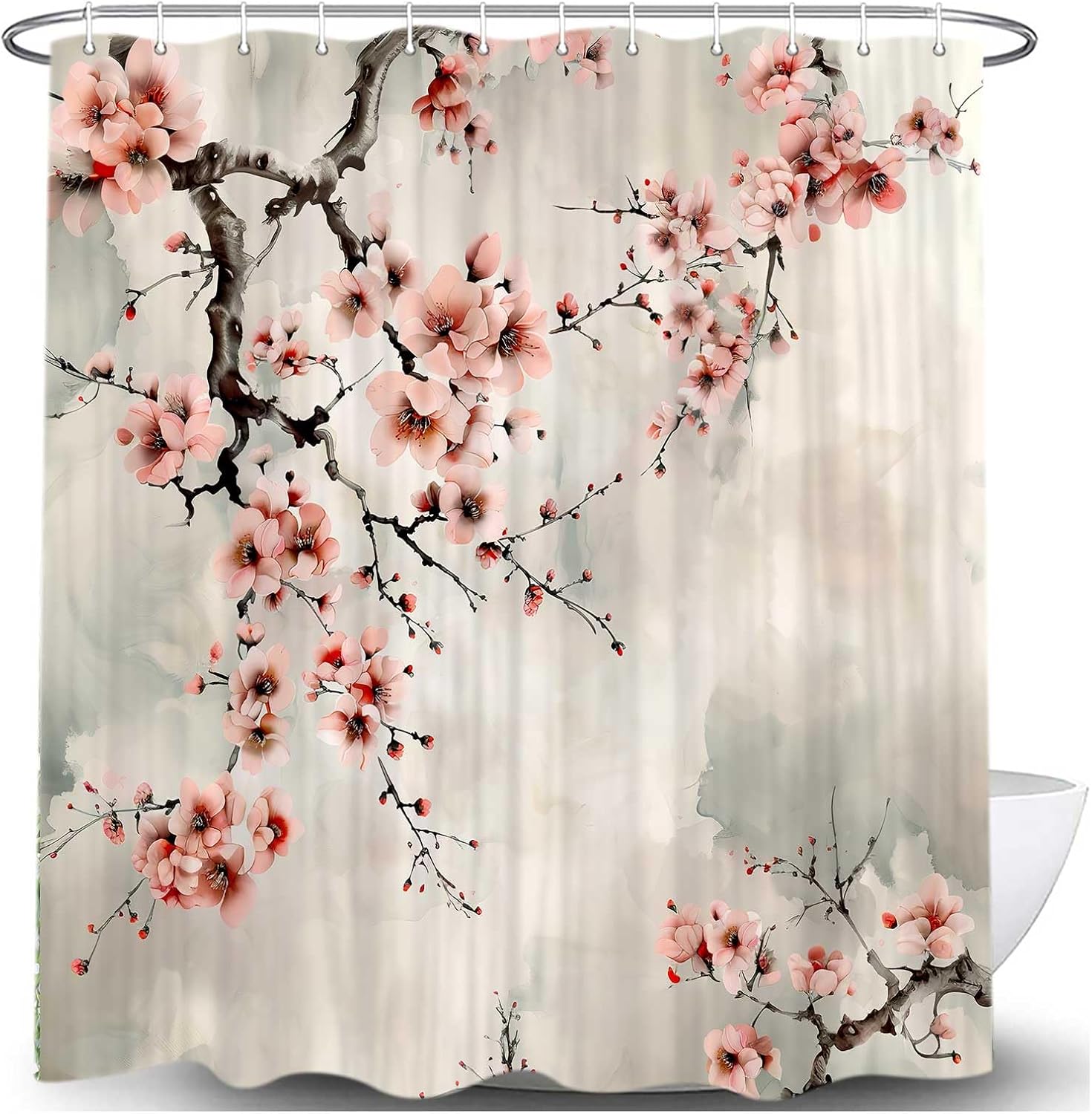 Pink Cherry Blossom Shower Curtain, Pink Japanese Flower Asian Watercolor Plum Fabric Shower Curtains Set for Bathroom Decorative, Cute Restroom Decor Accessories with Hooks 72X84 Inch
