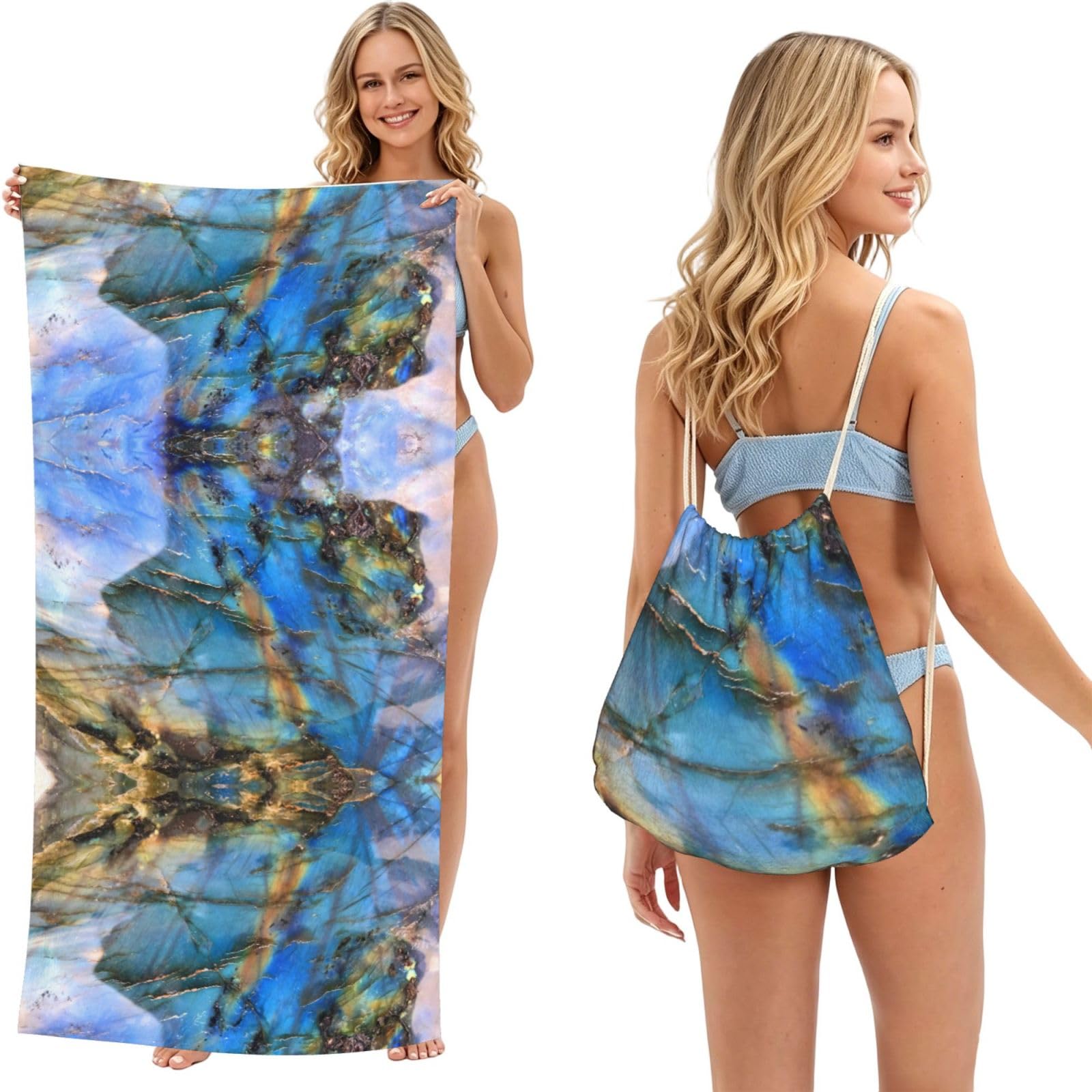 ESNAIUVCD Rainbow Stone Print Beach Towel For Adults,Towel With Drawstring Bag, Travel Pool Swimming Sports Shower Sand Free Quick Dry Bath Towel For Pool, Beach, Yoga- 180x60cm
