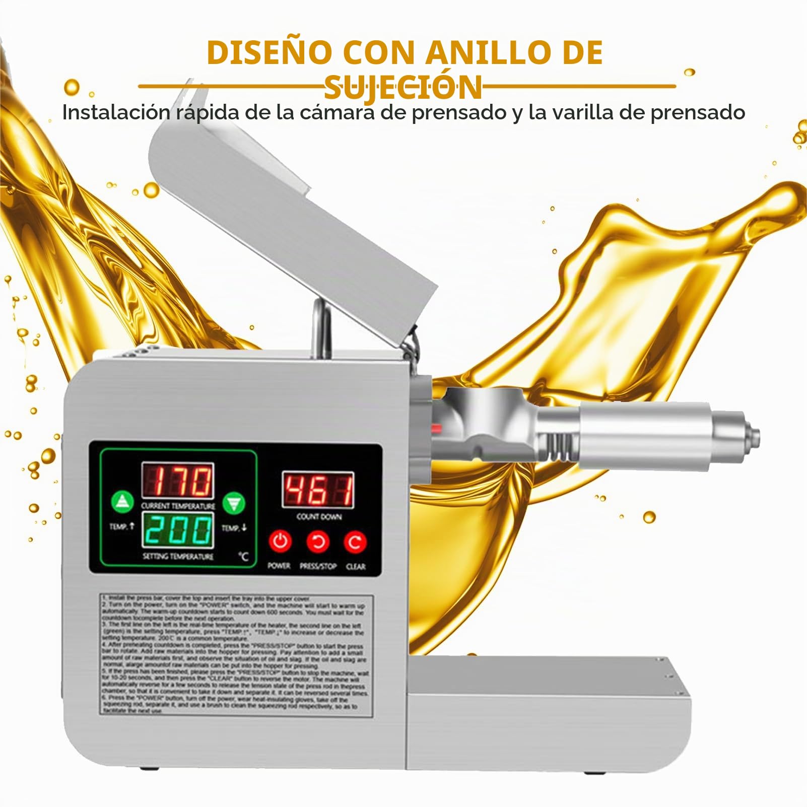 Extractor de Aceite de Acero Inoxidable de 820 W, Máquina automática de prensado de aceite, Prensa de Aceite eléctrica, Prensa en Frío y caliente para Cacahuetes, Girasoles, Aceitunas, 220V