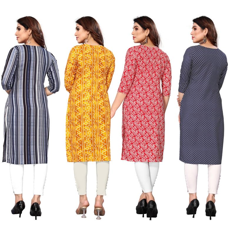 Image of JAKHANA Women's Crepe Printed Casual Straight Calf Length Round Nick Kurta Pack of 4