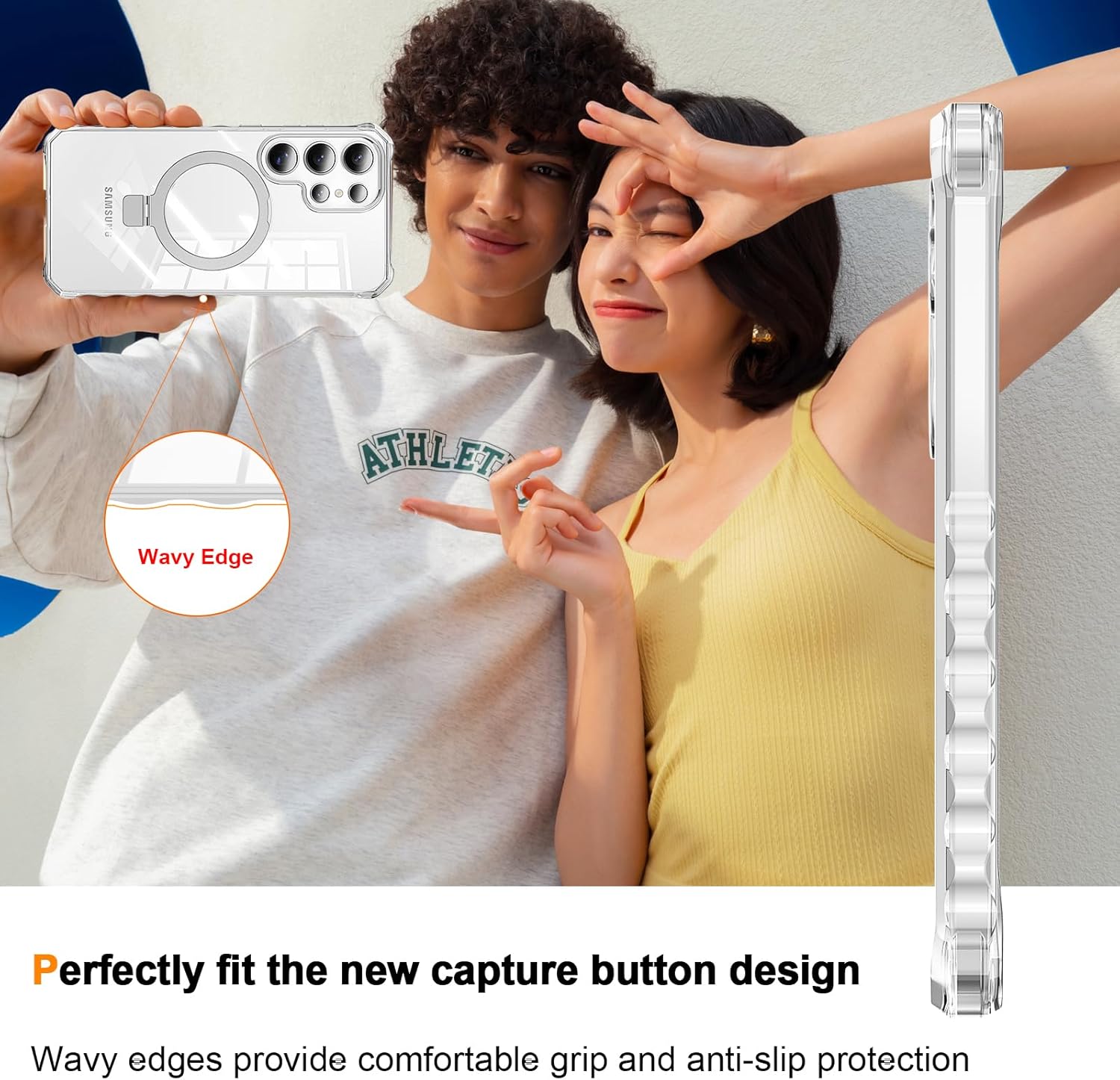 for Galaxy S25 Ultra Case, with Magnetic Ring Stand [Curly Edge] [Wireless Charging] [Reinforced Corners] Slim Fit Shockproof Protective Phone Case - Clear