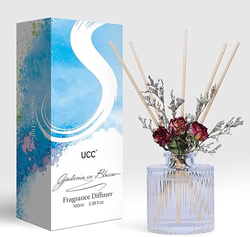 UCC Juego de difusor de junco, 3.38 onzas, Gardenia in Blossom - Difusor perfumado prémium con palitos de flores, difusor de varillas de fragancia