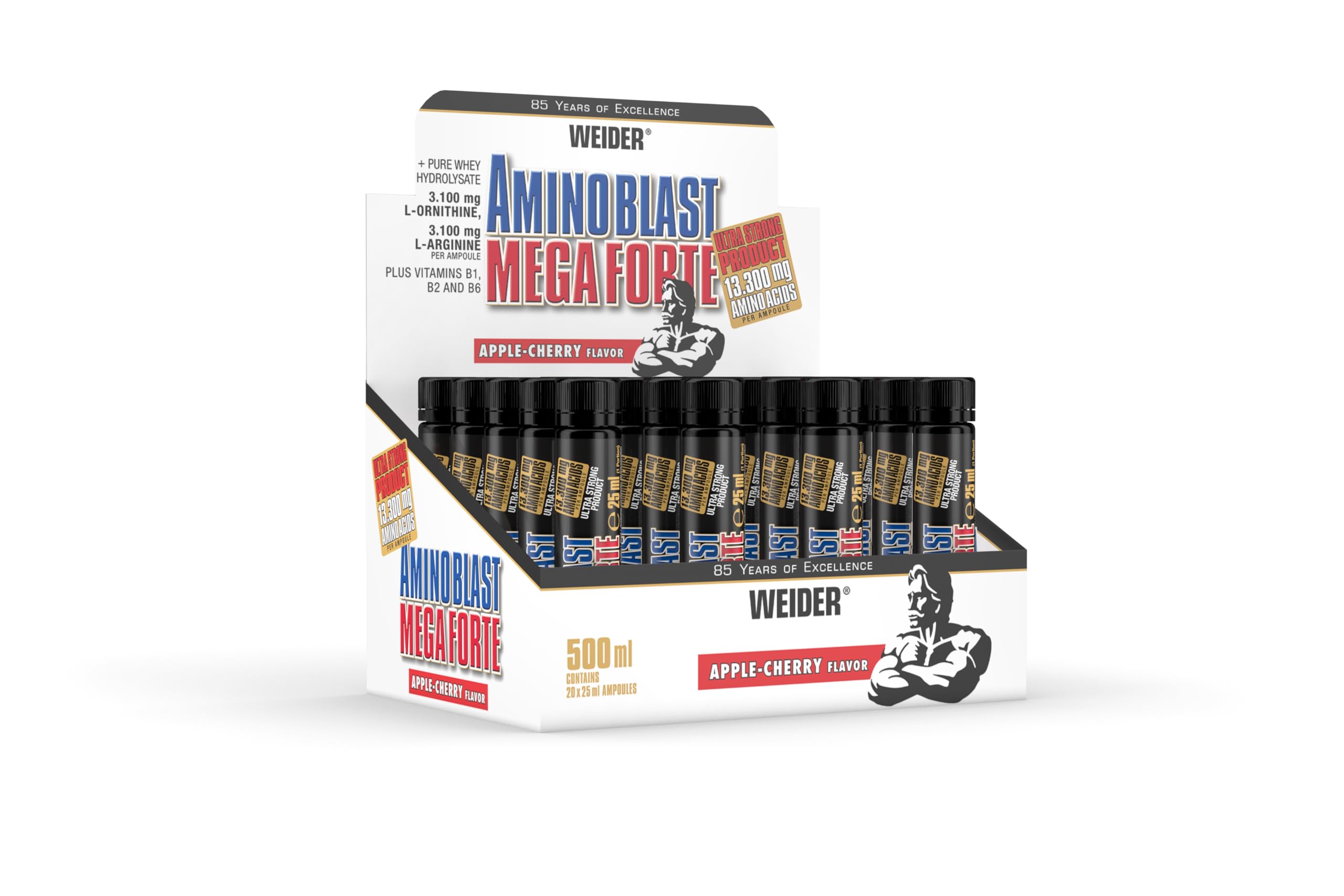 Weider Amino Blast Mega Forte, 20 x 25 ml, Apfel-Kirsche | Hochdosierter Aminosäuren Komplex, Mit L-Arginin und L-Ornithin