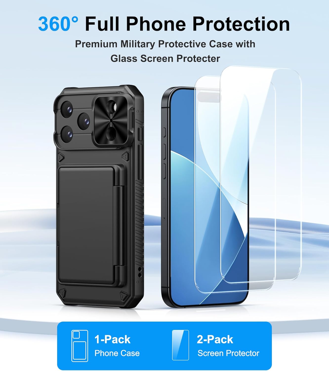 BXYJY for iPhone 17 Pro Case Wallet with Screen Protector (Tempered Glass), Card Holder (4-5 Cards), Slide Camera Cover, Military Grade Drop, Heavy Duty Men Women Case for iPhone 17 Pro, Black