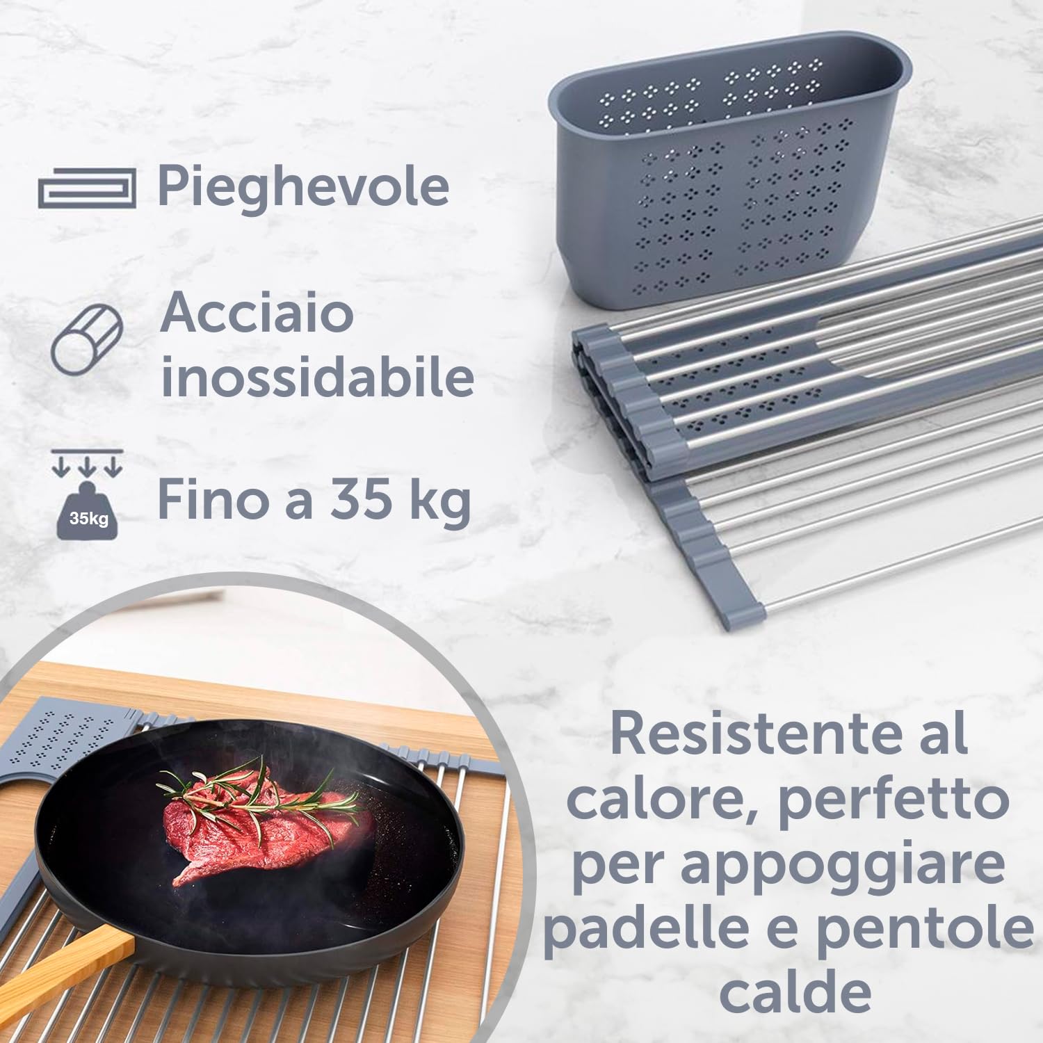 CHIRISEN Scolapiatti telescopico da arrotolare, 18 tubi 33 x 29-54 cm cm, per cucina, da usare sopra il lavello, in silicone antiscivolo, multiuso, in acciaio inox