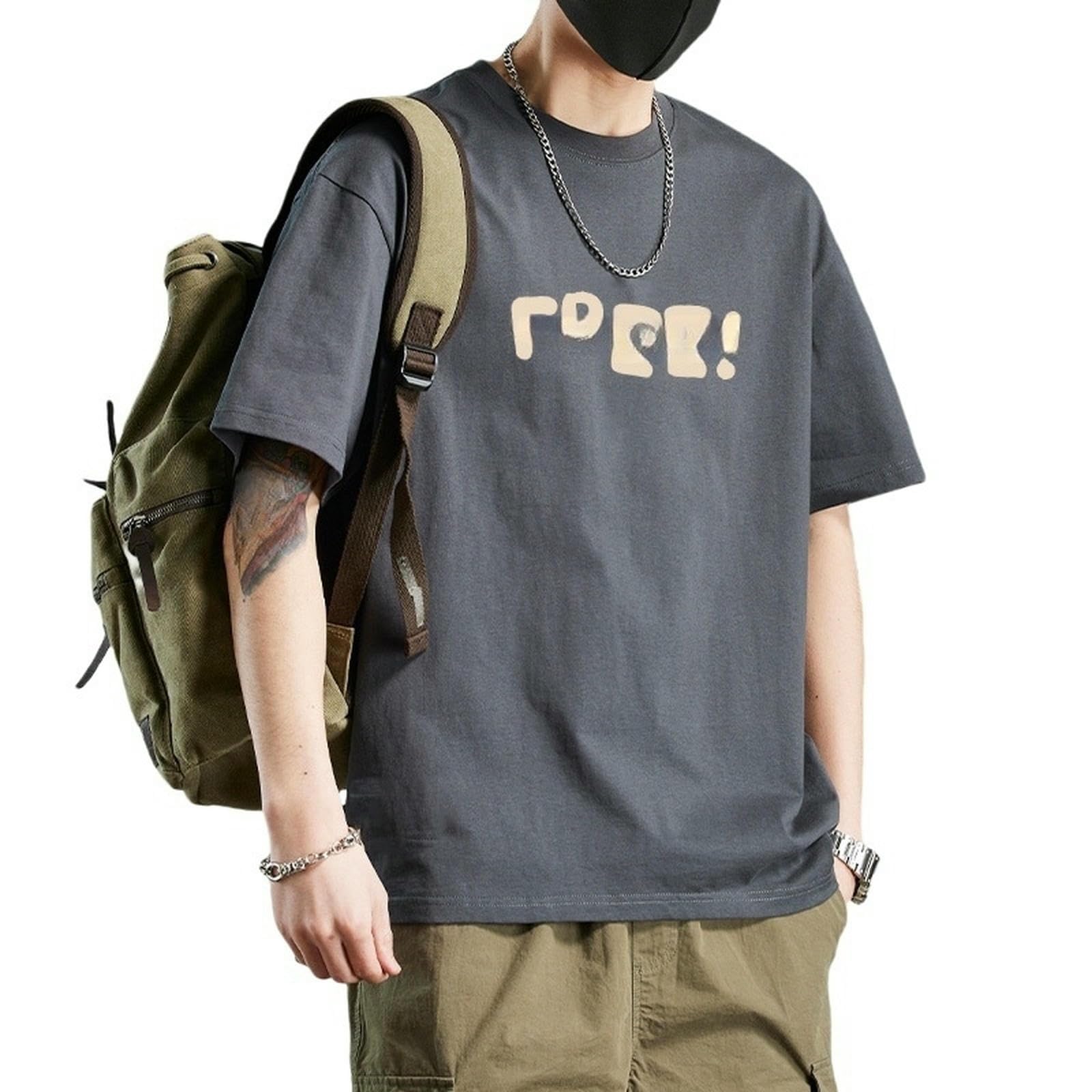 T-shirt męski na lato luźny All-Match T-shirt z krótkim rękawem z prostymi nadrukami - ciemnoszary-s