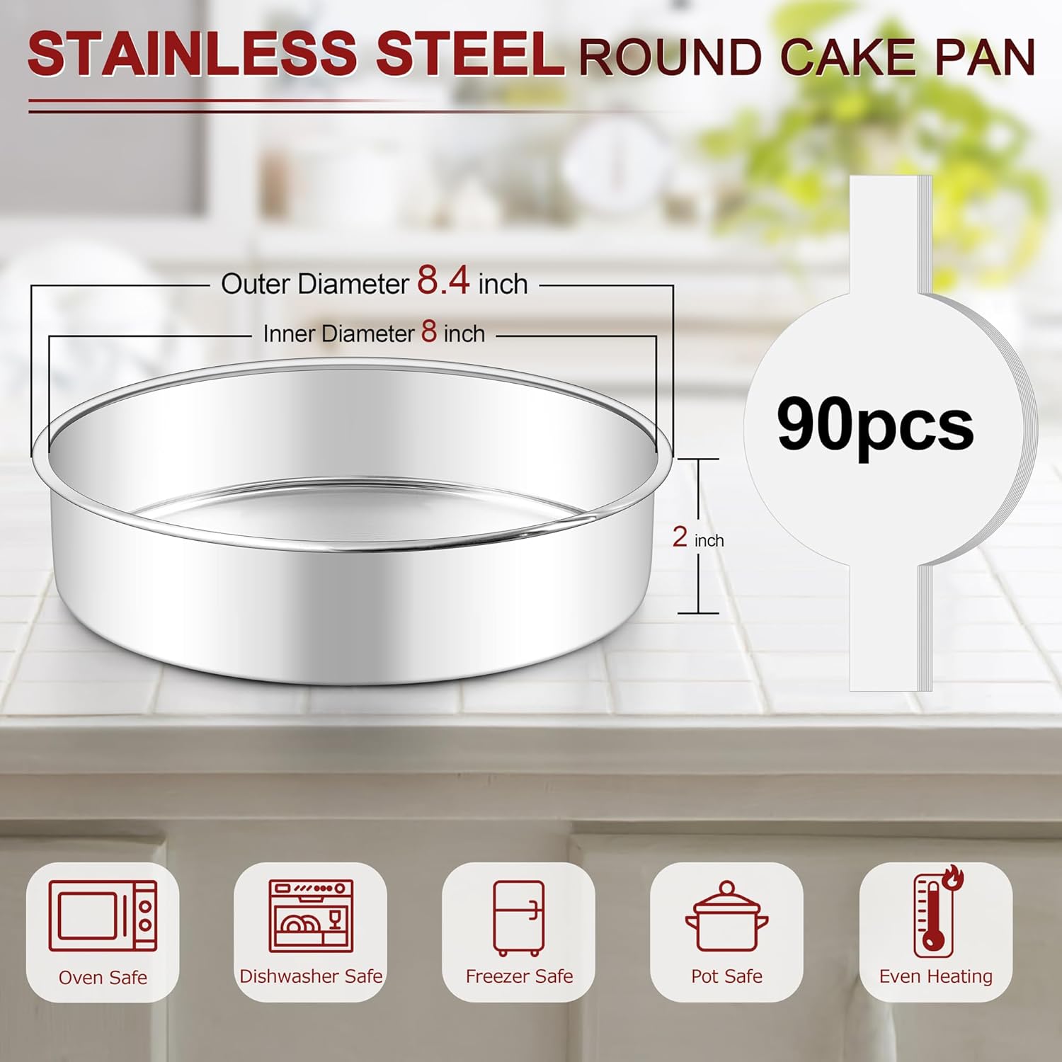 LIANYU 8 Inch Cake Pan Set of 3, Stainless Steel Round Baking Pans with 90 PCS Parchment Paper, Non Toxic Bakeware Tins for Layer Birthday Wedding Cake, Leak-proof & Dishwasher Safe - Image 2