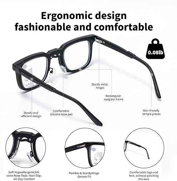 Progressive Multifocal Reading Glasses Square Full Frame Blue Light Blocking Computer Readers