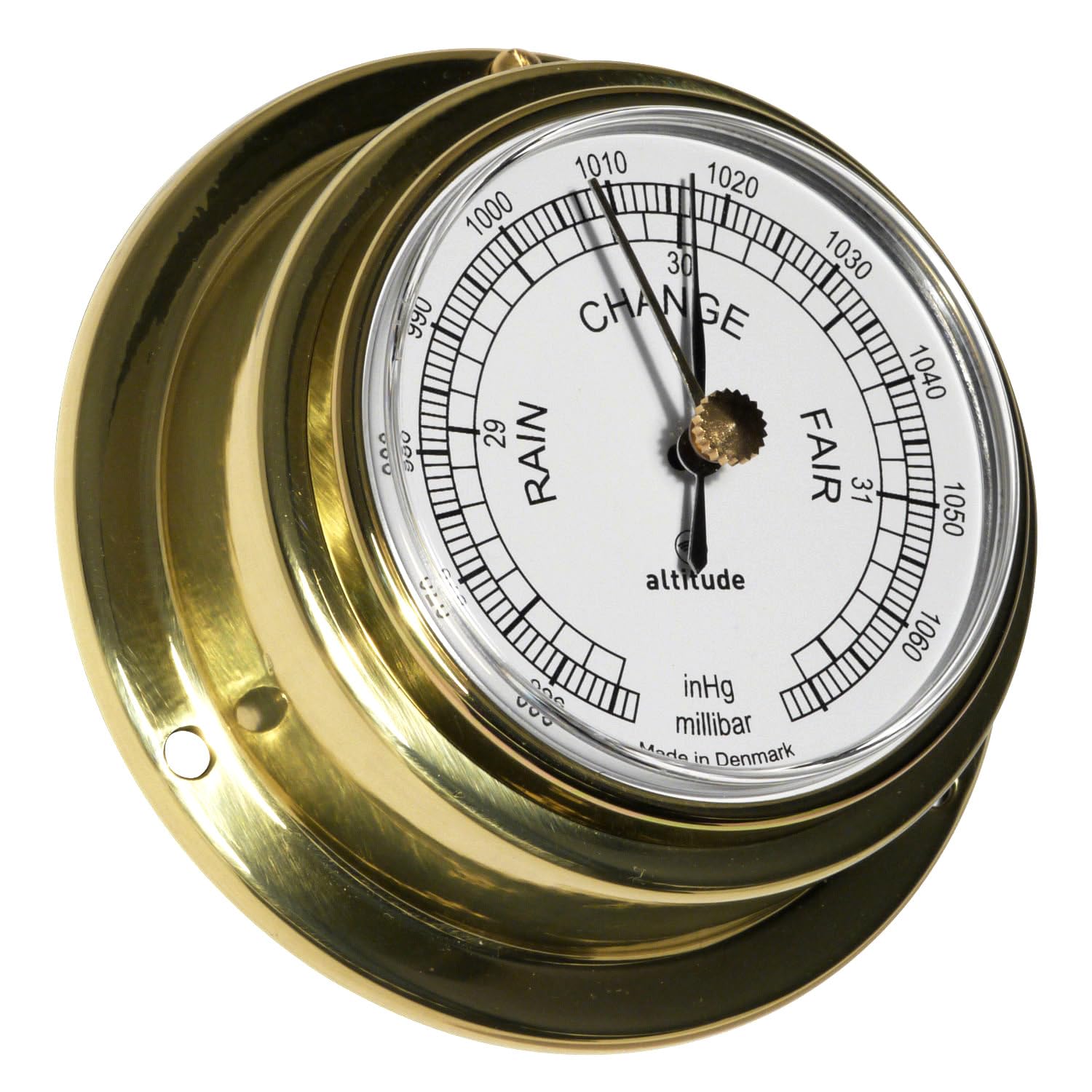 DELITE Barometer Altitude Messing poliert, Glas aus PMMA Acryl, Genauigkeit +/-7hPa, Durchmesser 95 mm, von vorne bedienbar, Made in Dänemark