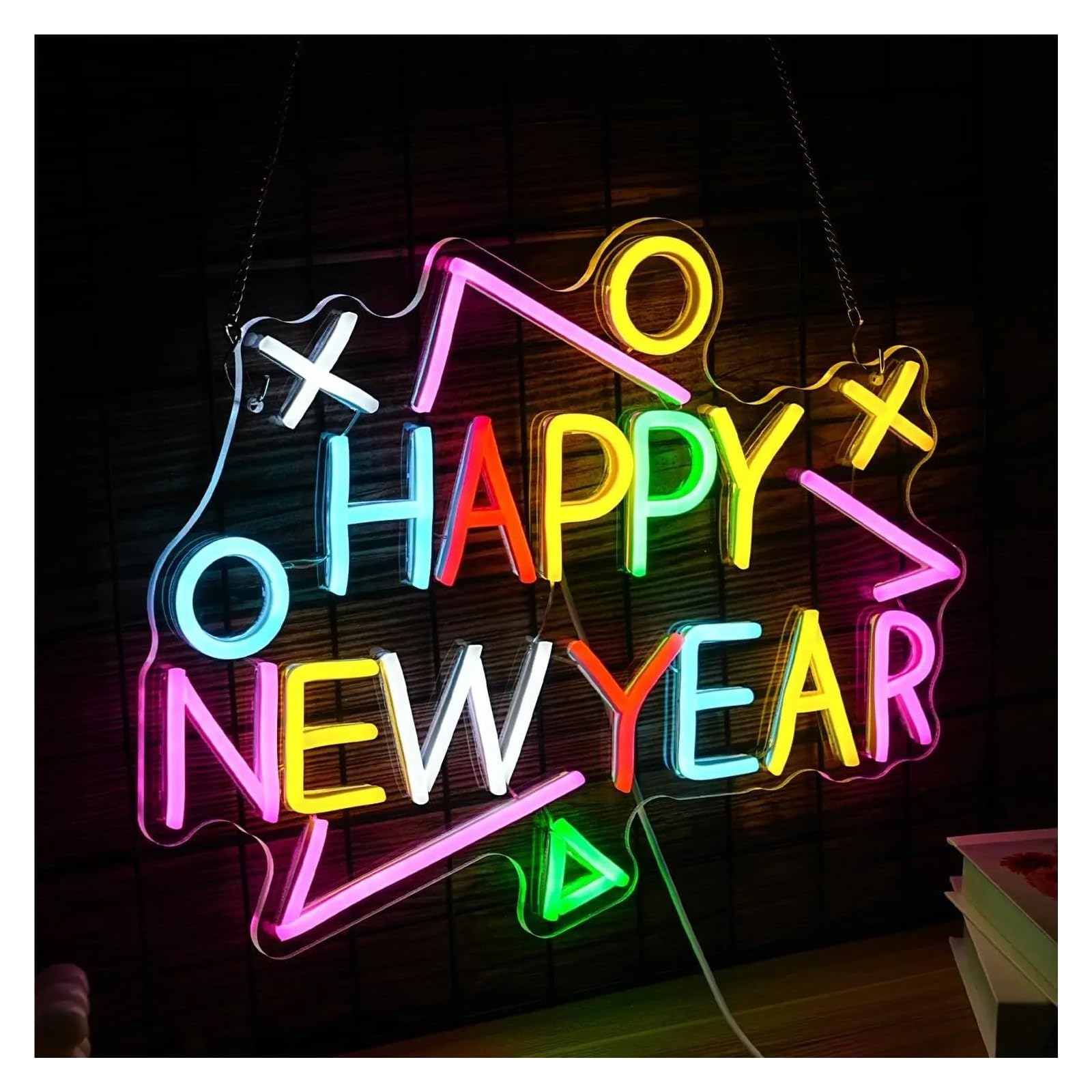 Wiszące neony artystyczne Wielokolorowy Neonowy Znak "Happy New Year" USB, Ściemnialna Dekoracja Ścienna LED Do Sklepu, Domu, Imprezy,42x32cm