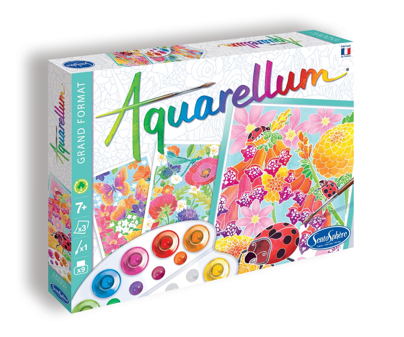 Sentosphère – Aquarellum - En las flores – Kit de pintura mágica para niños – Actividad creativa con 3 cuadros de 32,5 x 25 cm – Acuarela – A partir de 7 años – Fabricado en Francia – 6391