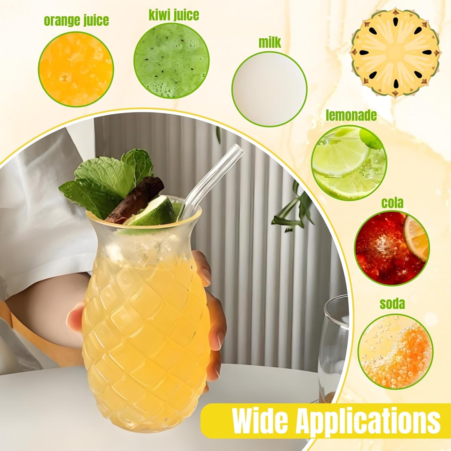 Set of 6 Pineapple Drinking Glasses, 17 Oz Clear Pina Colada Glass with Straws, Retro Relief Pineapple Cups Glassware Set for Cocktail, Juice, Water, Milk