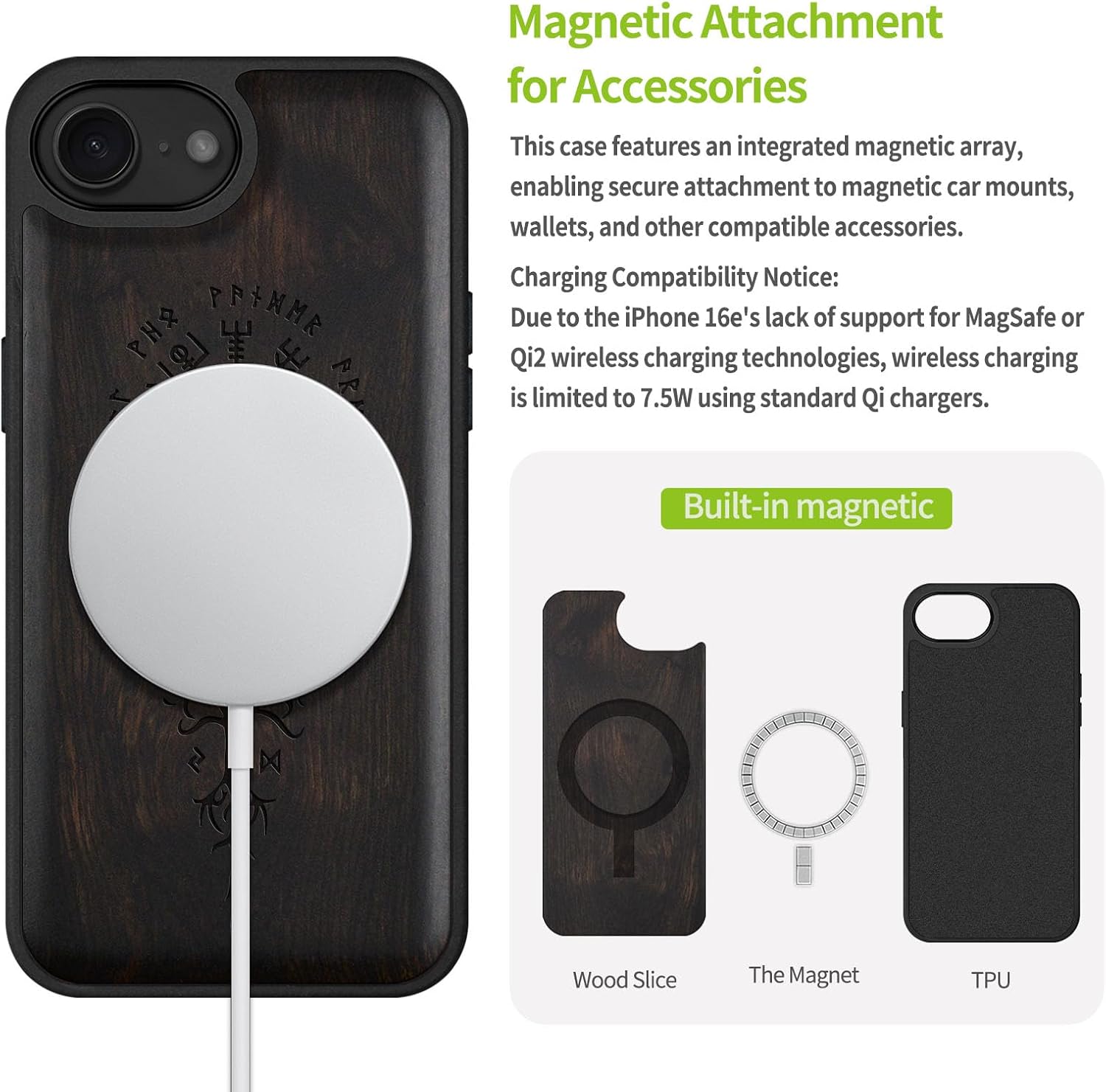Carveit Magnetic Wooden Case for iPhone 16e / 17e, Solid Wood & TPU, Artisan Engraved Design, Shockproof Cover, Compatible with MagSafe Wireless Chargers, The Guiding Vegvisir - Blackwood