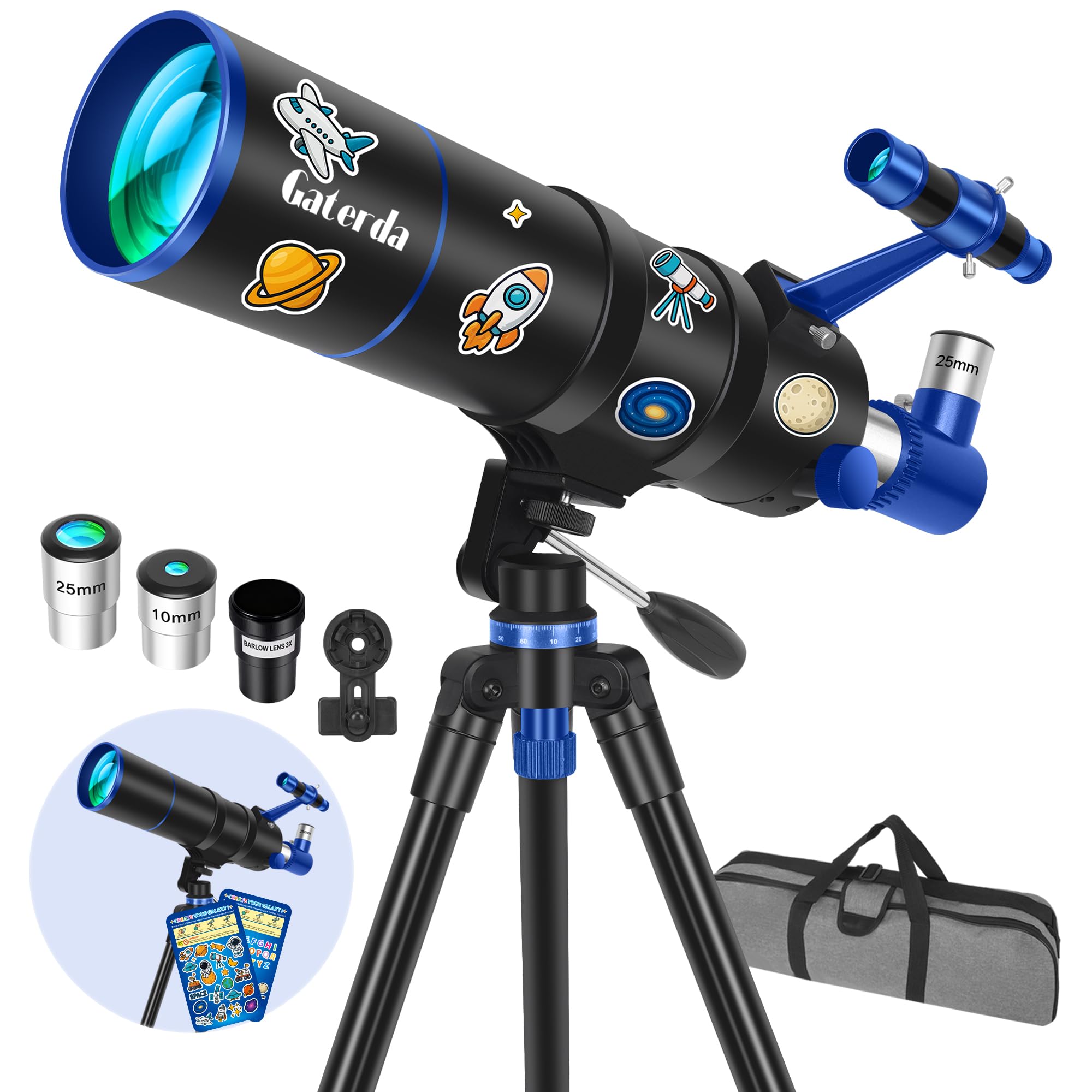 Telescopio Astronomico Professionale per Adulti Principianti, 90/550mm Telescopi Riffrattore(22X–165X) con Treppiede Regolabile Adesivi con Elementi Cosmici & Borsa da Trasporto