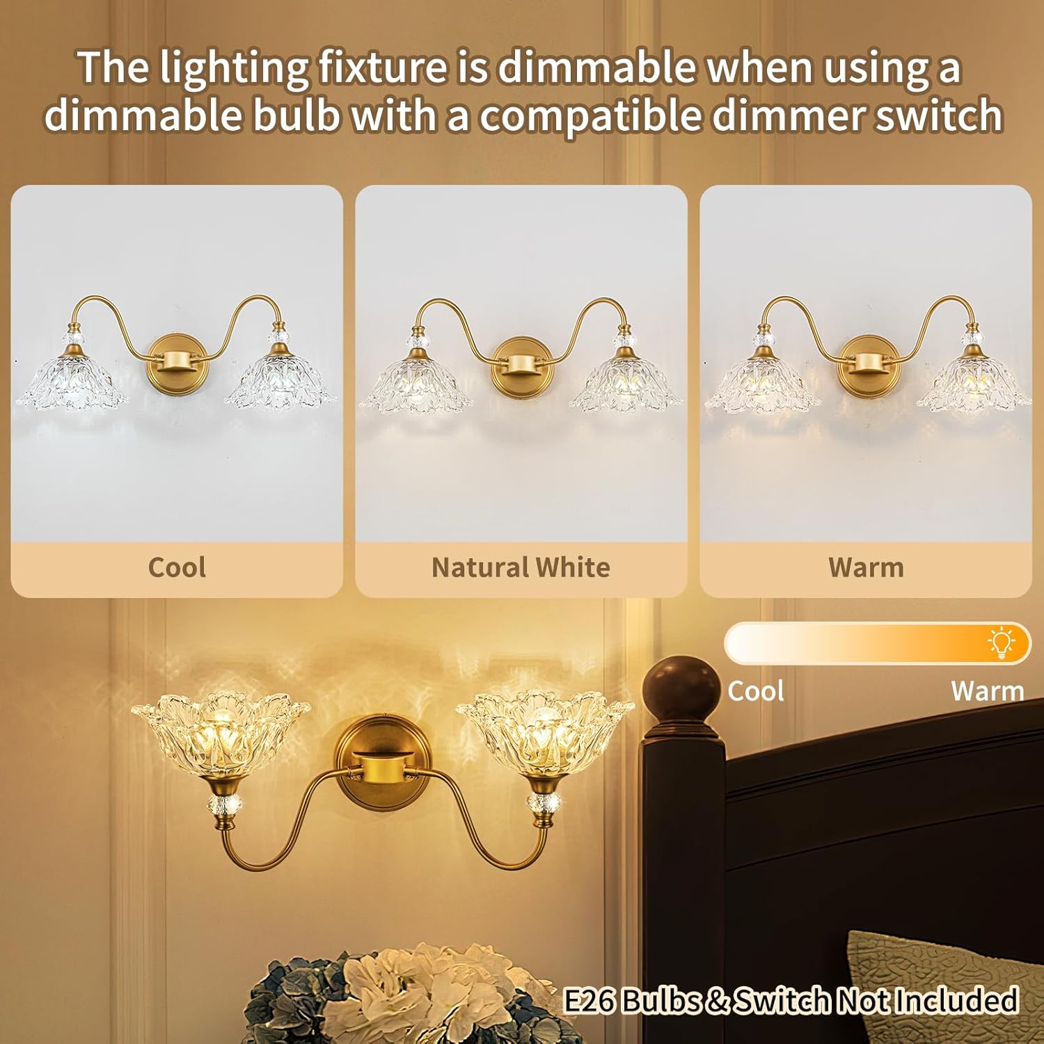 Vintage Bathroom Vanity Light, 2-Light Matte Brass Finish Vanity Light with Floral Clear Glass Shades, Retro Wall Sconce for Bathroom, Dressing Table